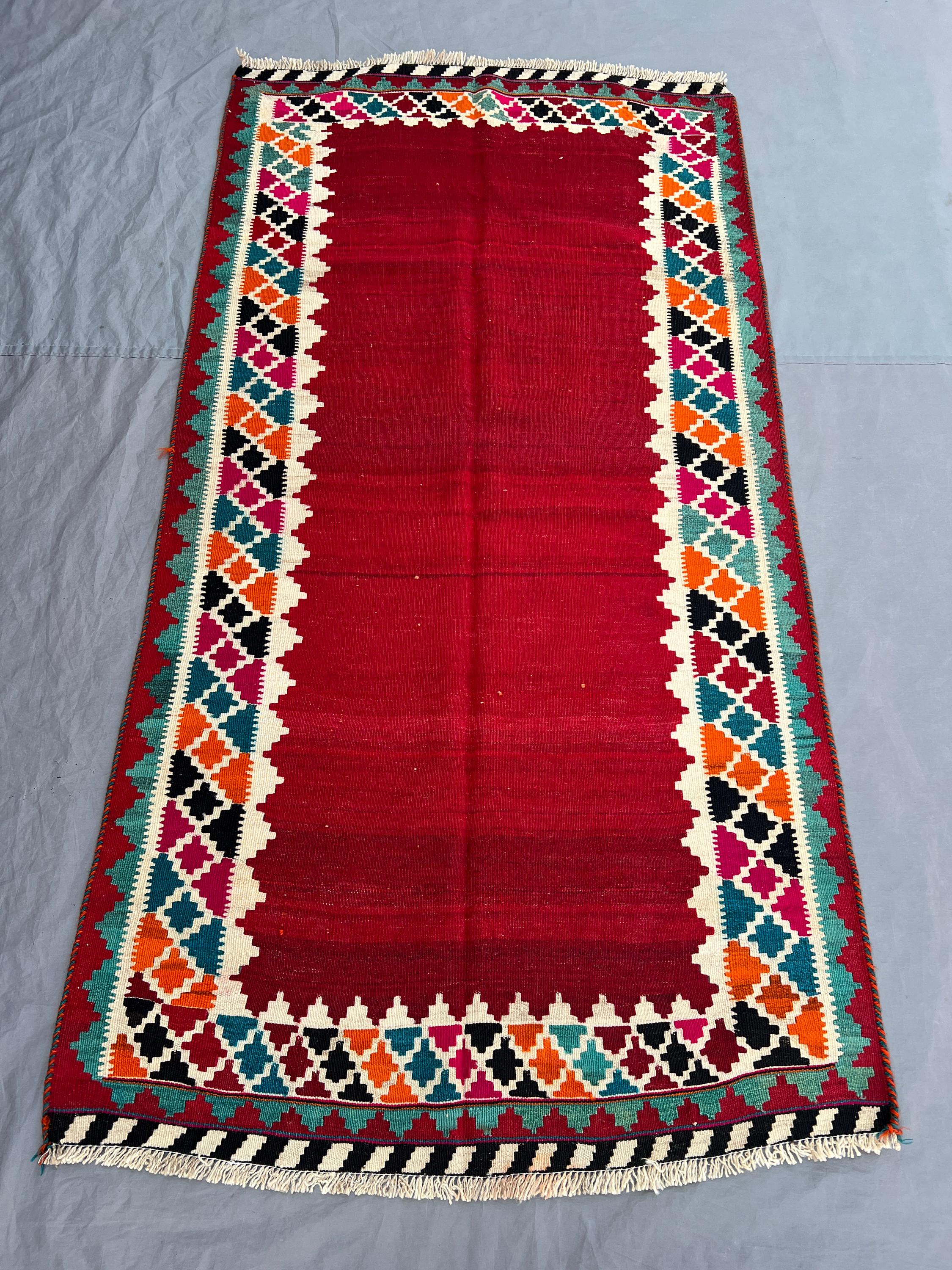 3'8x6'10 Ft Vintage Afghan Kilim Flatweave | Red Open Field Multicolor Diamond Border |Handwoven Wool Tribal Rug Living Room Bedroom Hallway