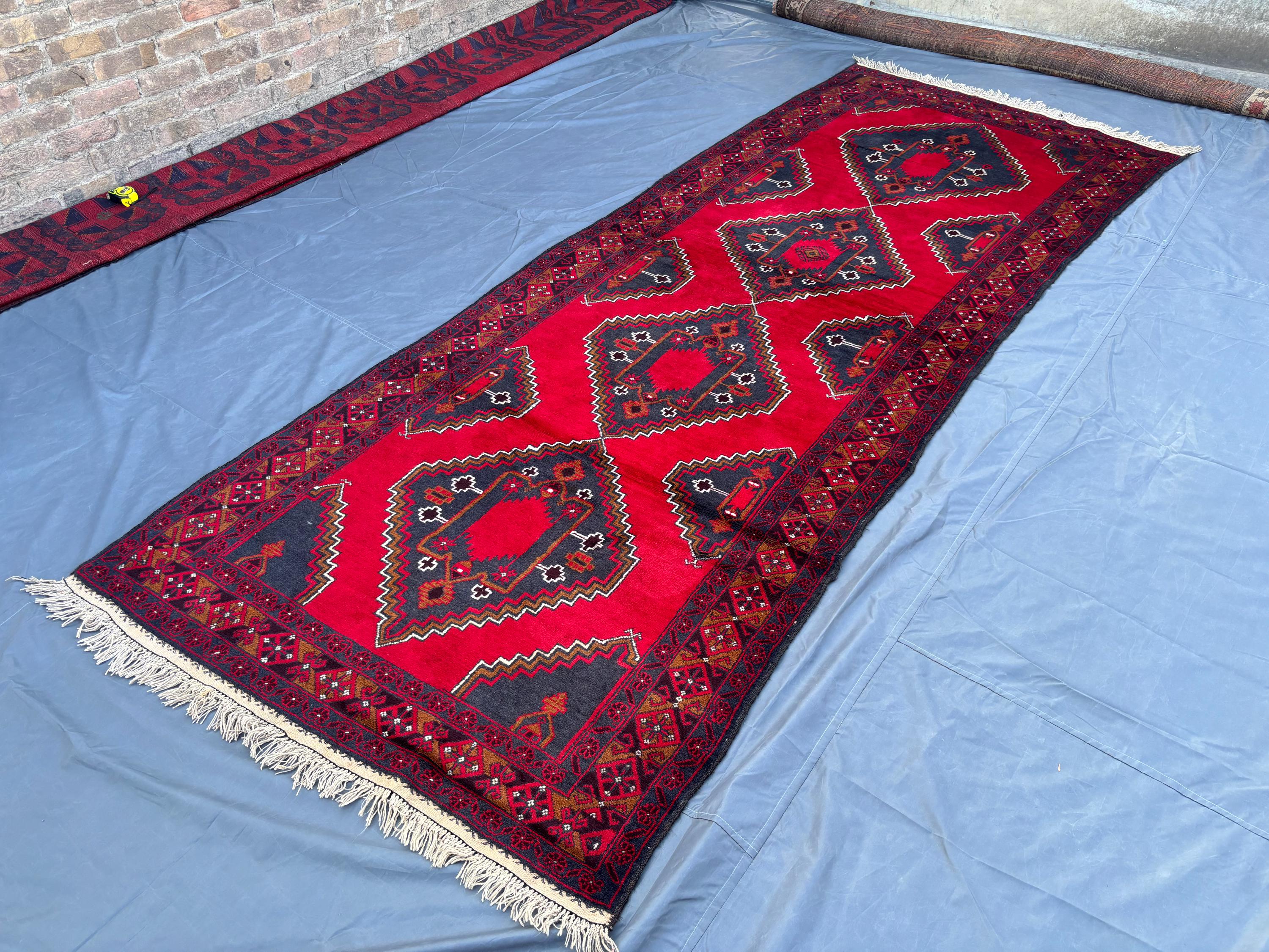 Vintage Afghan Wide Runner | Hand-Knotted Baluchi Runner Rug | Red Black Tribal Geometric Wool Carpet | Soft P
