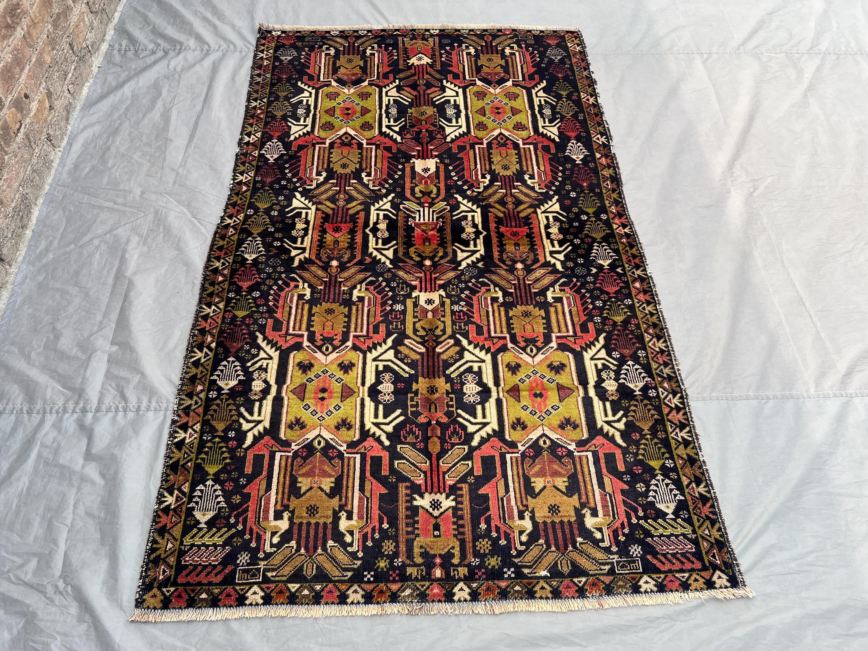 4.2x6.9 ft Afghan Baluchi Rug | Vintage Handwoven Wool | Tribal Design, Unique Pattern | Red, Yellow, Black, a