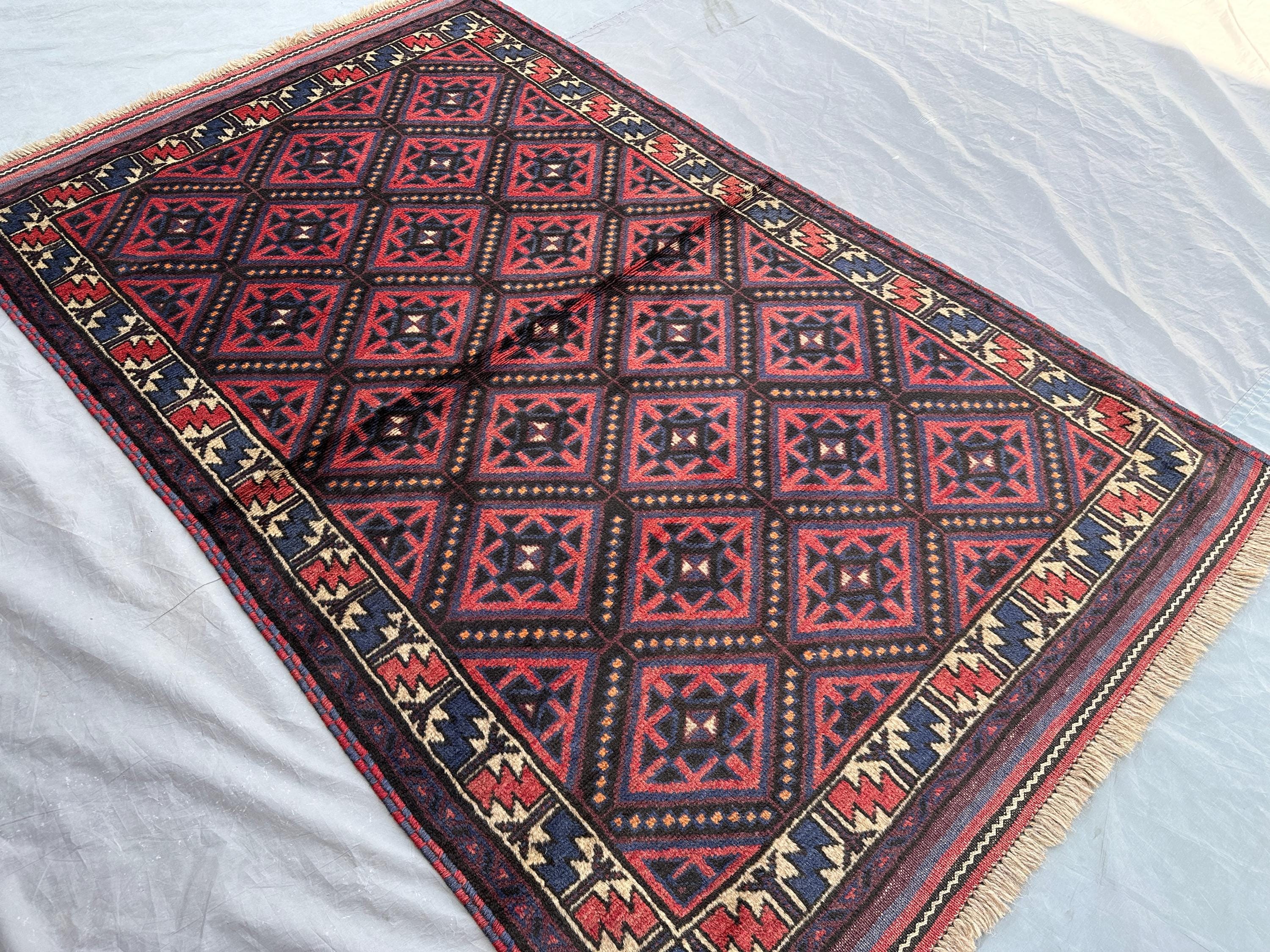 3'9 x 6'4 ft Red and Blue Vintage Afghan Hand Knotted Fine Tribal Rug Geometric Pattern Soft Wool Oriental Area Carpet, Bedroom rug