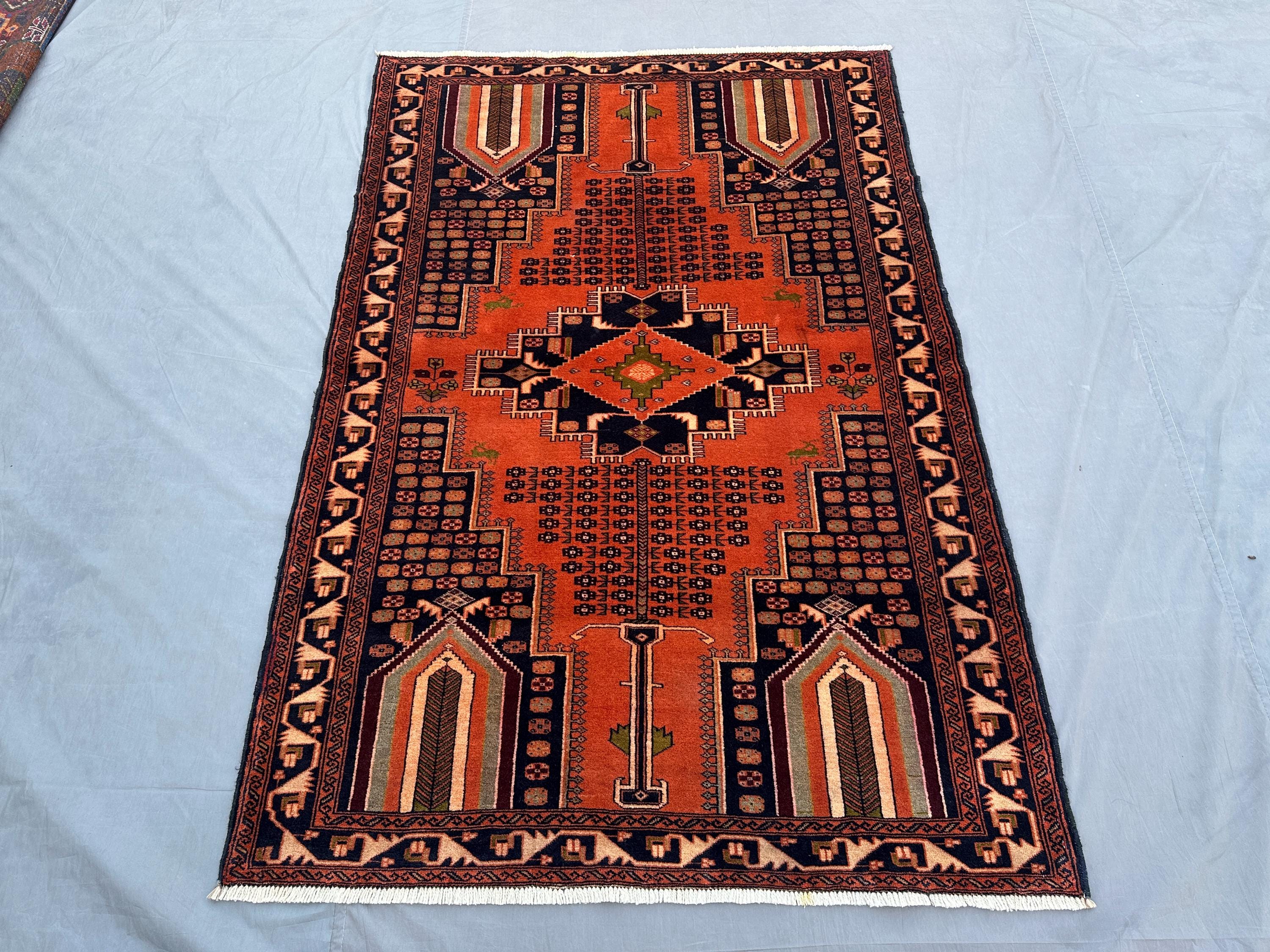 4'3" x 6'3" ft, Vintage Turkmen Handmade Rug | Tribal Baluchi Area Rug | Geometric Wool Rug for Bedroom, Kitch