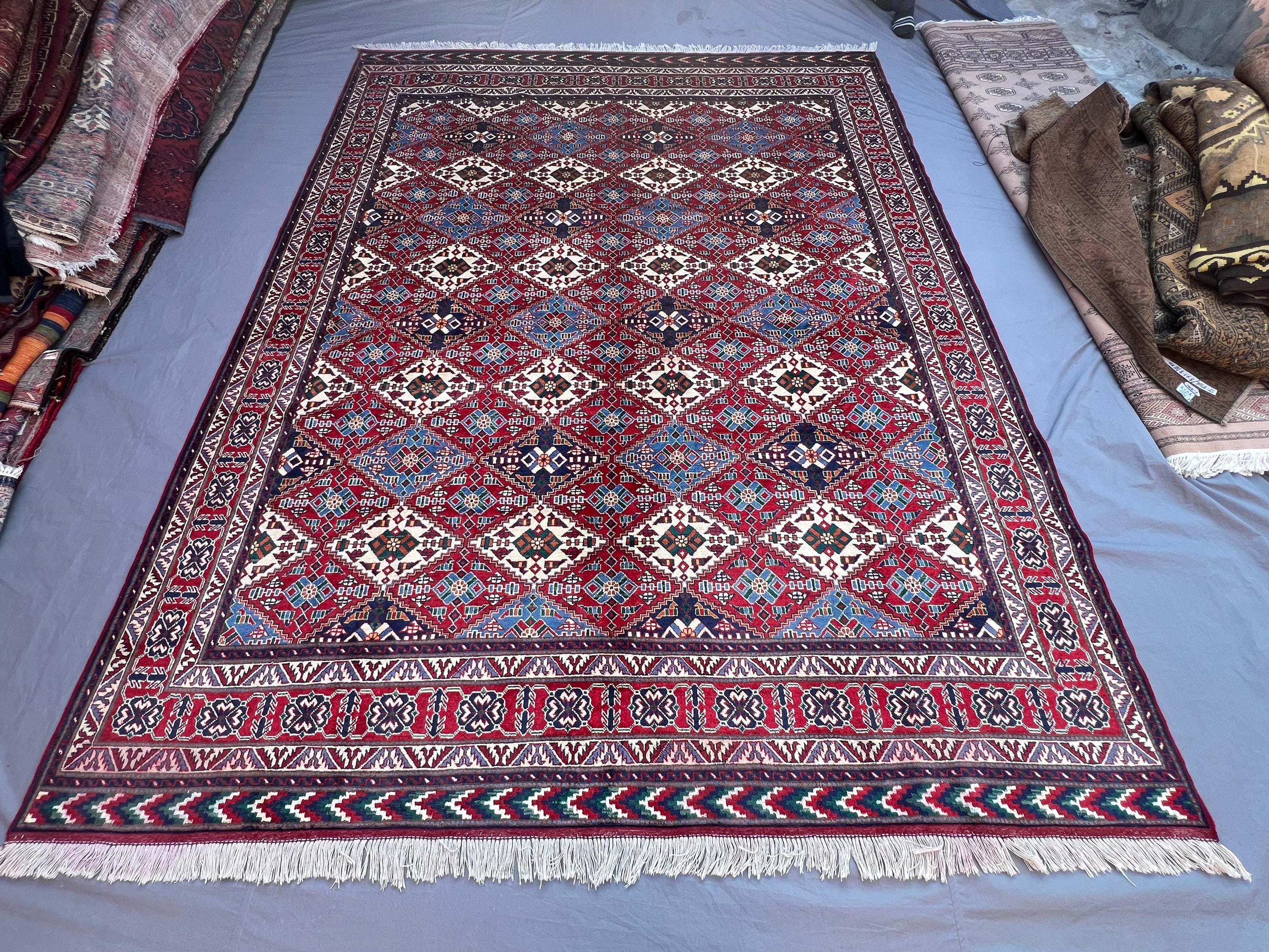 Vintage 8'6x10'10 ft Afghan Baluchi Hand-Knotted Rug Soft Pile, Tribal Diamond Design, Large Area Rug, 100% wo
