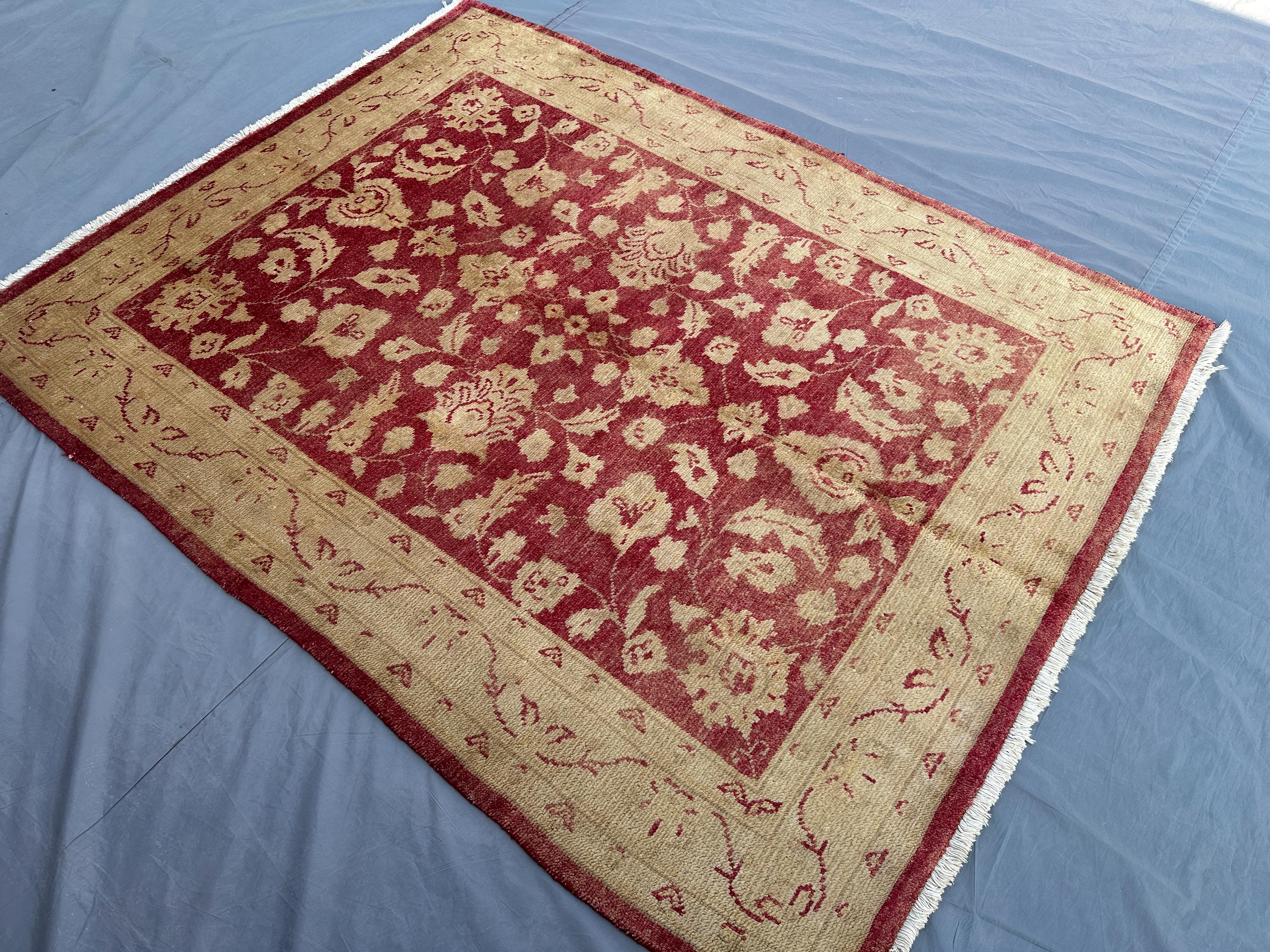 4'8"x6'1" Afghan Hand Knotted Oushak Rug, Modern Luxury Wool Area Rug, Floral Design, Red Beige Carpet, Living