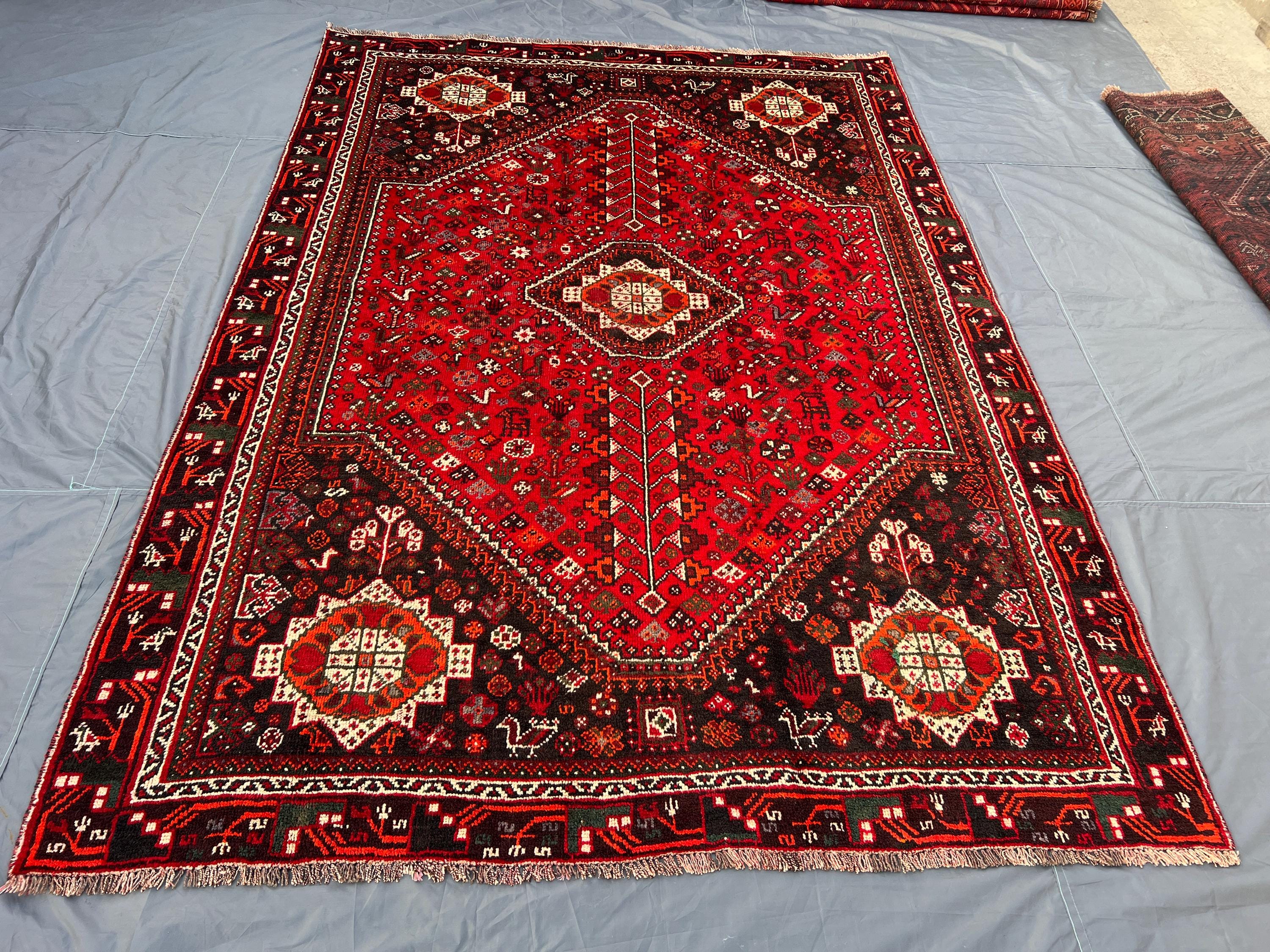 6'9 x 9'5 ft Antique 1940s Turkish Caucasian Area Rug Hand Knotted Wool Tribal Center Medallion Red Black Living Room