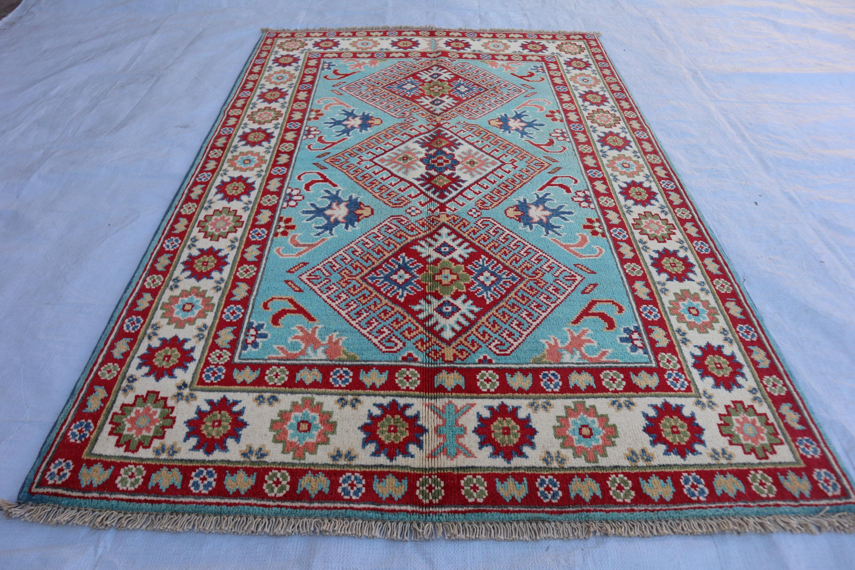 Modern Afghan Kazak Rug – Hand-Knotted, Colorful Geometric Design, 103x156 cm (3'4" x 5'1"), Wool, Traditional Style Home Décor" Moss Rug