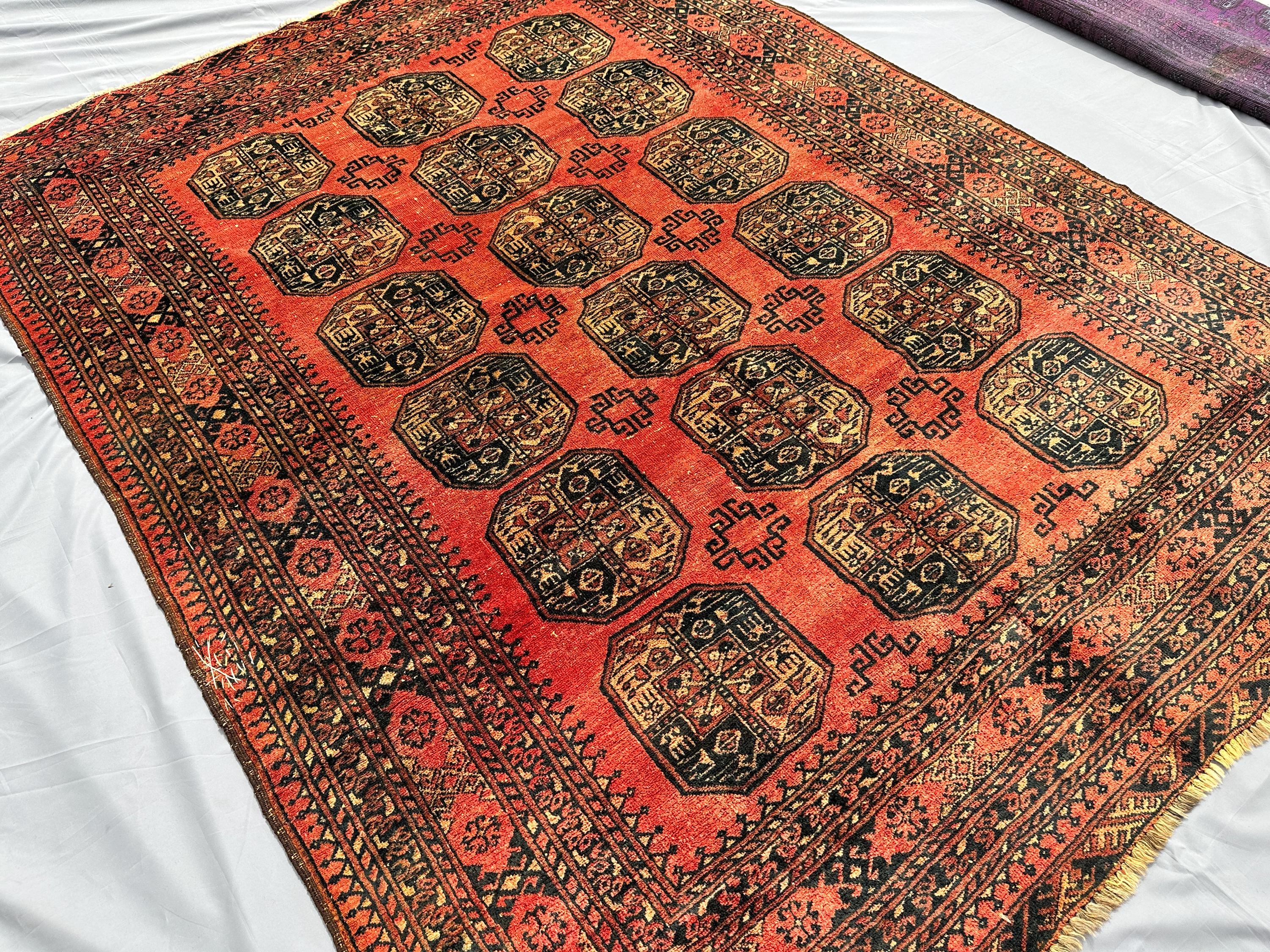 1970s Antique Rust Red Bukhara Rug 9x7, Vintage Turkmen Tribal Wool Rug, Handmade Oriental Carpet, Living Room