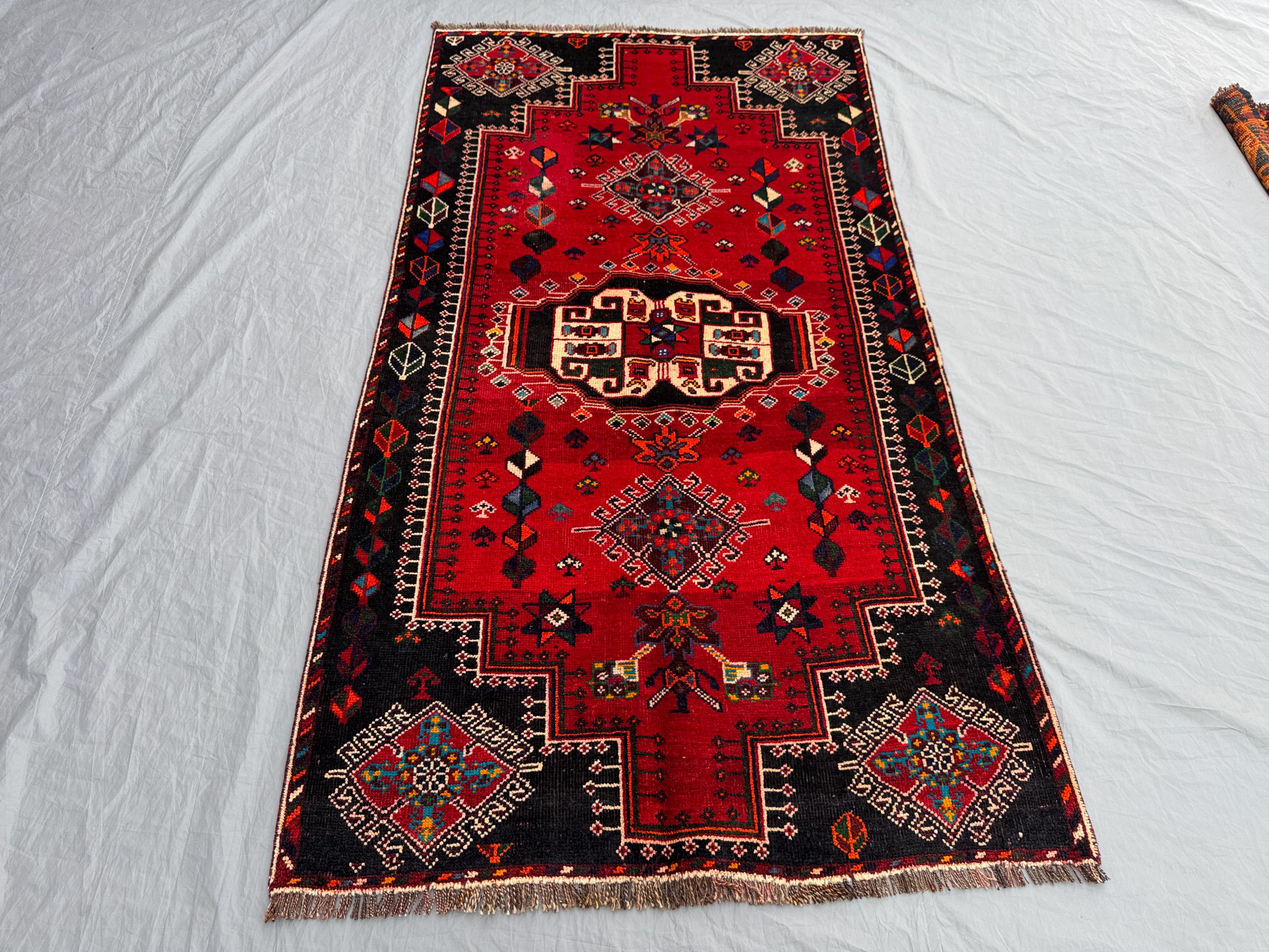 Turkish Inspired Caucasian Rug, 3'10x7 ft (117x213 cm), Hand-Knotted Wool, Vintage 1940s, Soft Red and Black, Medallion Design,One-of-a-Kind