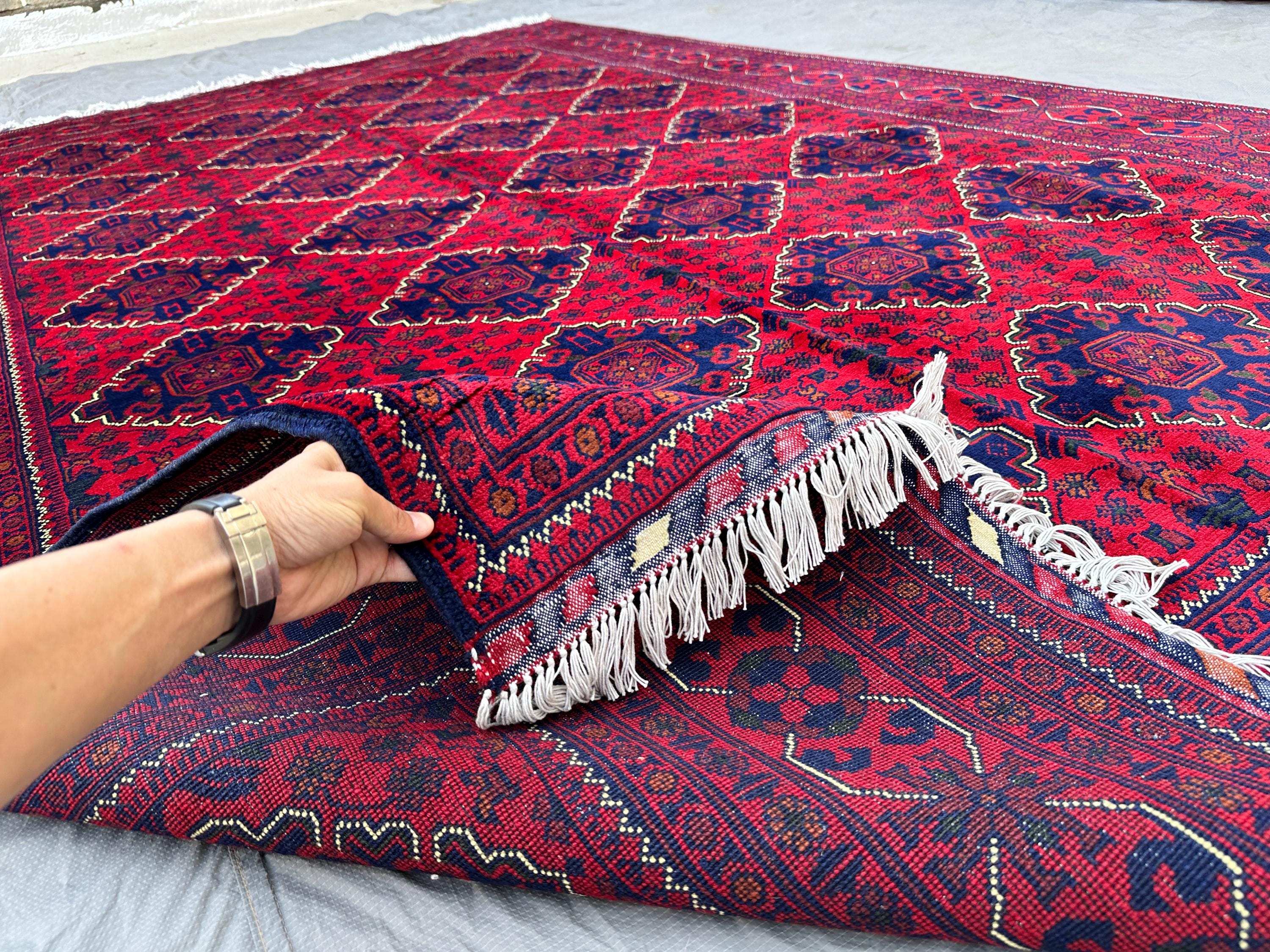 7x10,Red Afghan Khal Mohammadi Rug Hand-Knotted Wool Carpet, Diamond Medallion Tribal Design, Vintage Living R