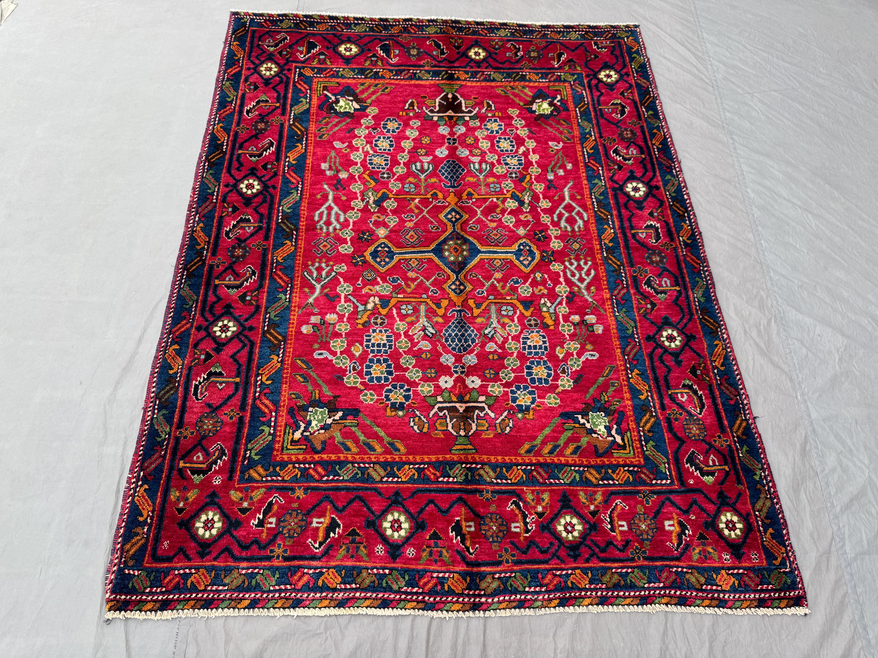 Turkish Hand Knotted Rug 5 x 7 ft | Vintage Pictorial Medallion | Soft Wool Pile | One of a Kind Turkish Caucasian Design Carpet