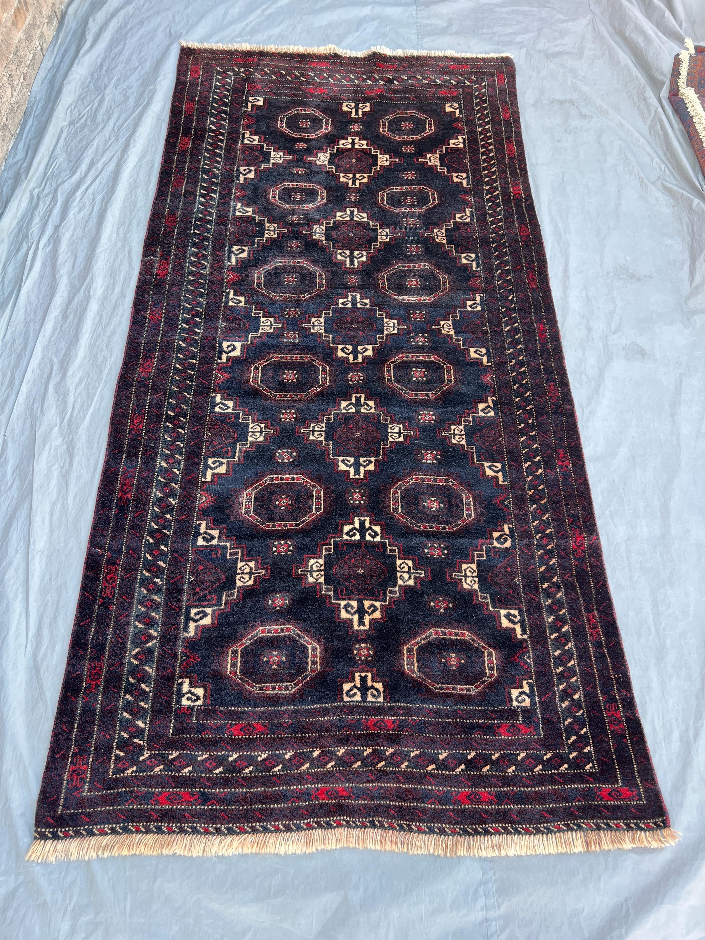 4'2 x 8'10 ft Vintage Afghan Handknotted Rug – Geometric Tribal Design, Soft Wool Pile, Living Room, Bedroom, Kitchen Boho Decor