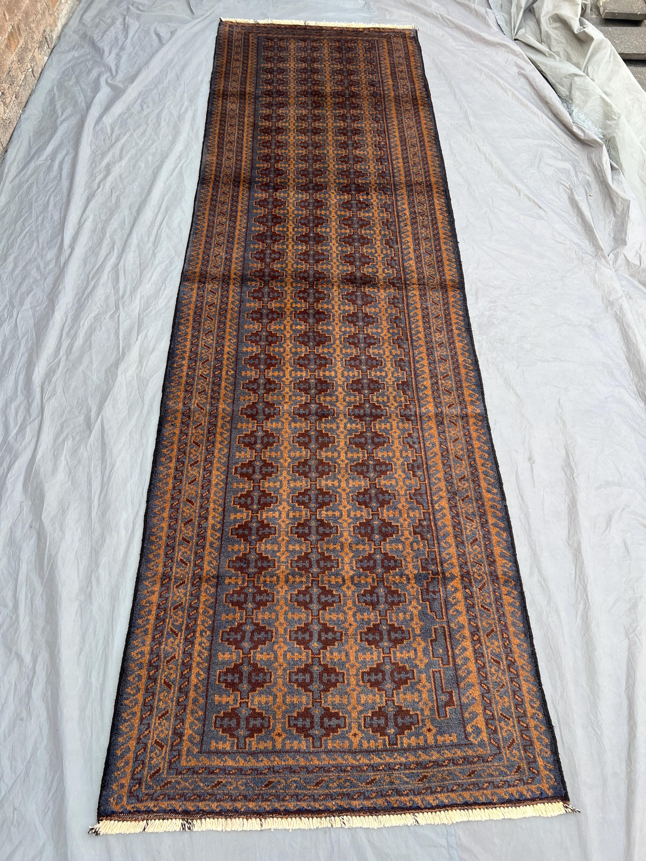 3' x 10'3" Vintage Afghan Hand-Knotted Tribal Runner Rug, Geometric Wool Design, Antique Hallway Carpet, Cauca