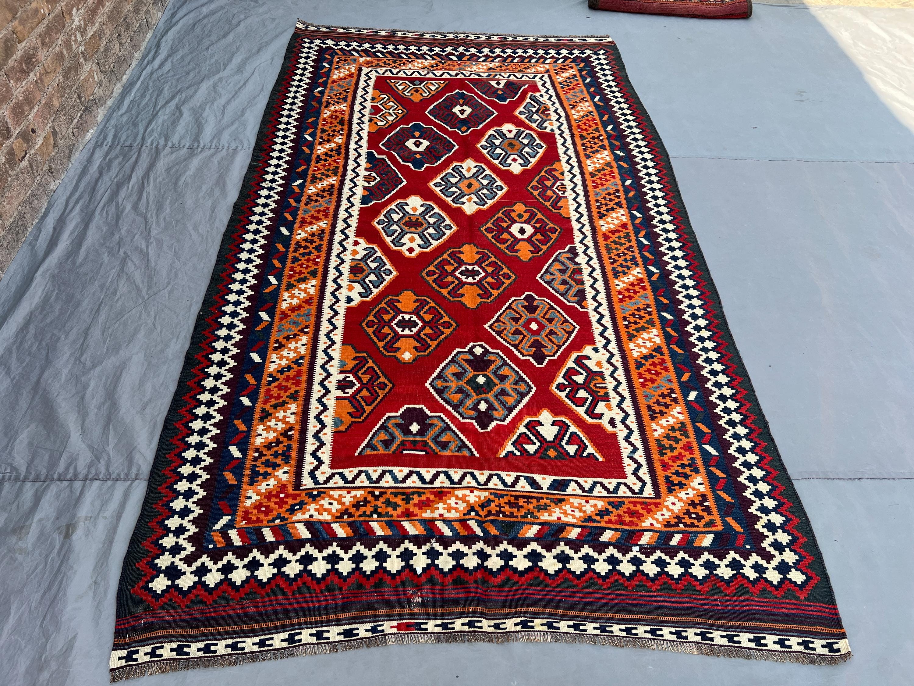 5'5x9'5 Vintage Afghan Tribal Kilim Handwoven Wool Flatweave Geometric Star Medallion Deep Red Navy Orange Area Rug Living Room Dining Room