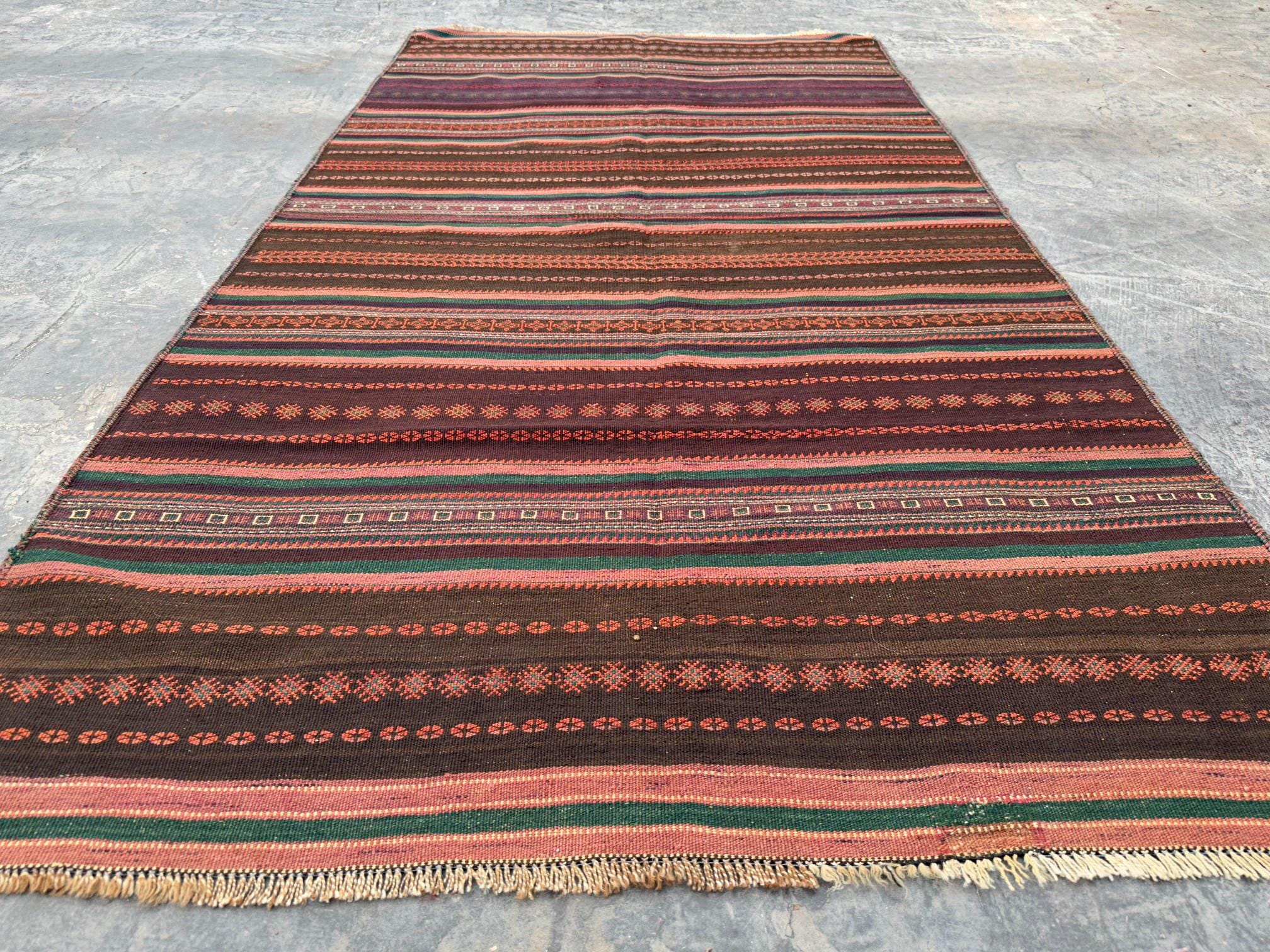 3.9x6.8 ft Vintage Afghan Kilim Rug, Handwoven Tribal Flat-Weave Wool Rug, Bohemian Style Striped Rug, Rustic Decor Ethnic Area Rug
