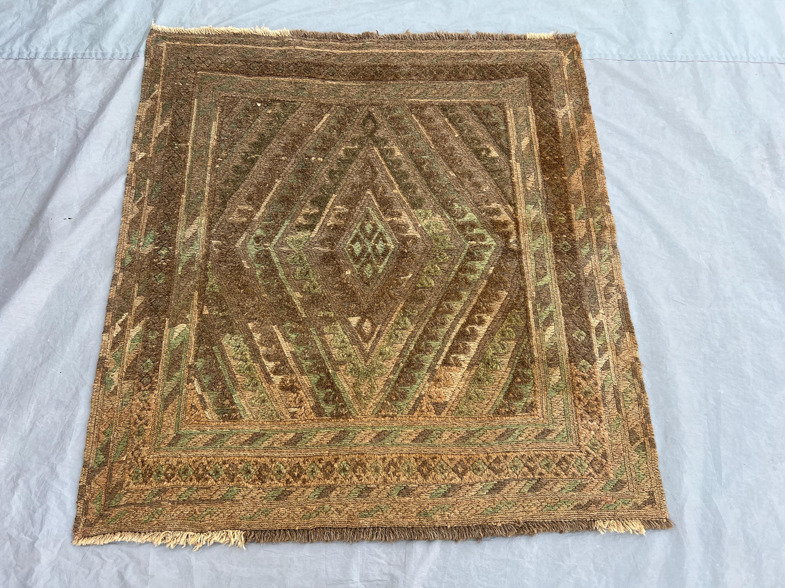 3'9x3'11 ft, Vintage Afghan Baluchi Hand-Knotted Rug, Tribal Geometric, Soft Pile, Brown Green Accent, Boho Li