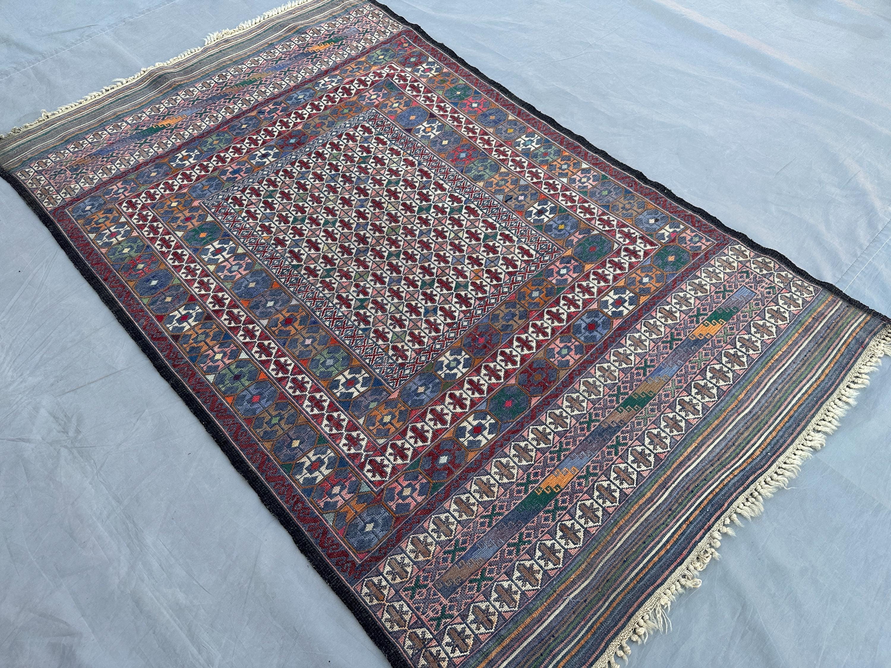 Antique Afghan Baluch Kilim Rug 2'8" x 4'3" | Handmade Tribal Sumak Wool Carpet | High-Quality Woven Accent Decor Rug for Home Interiors