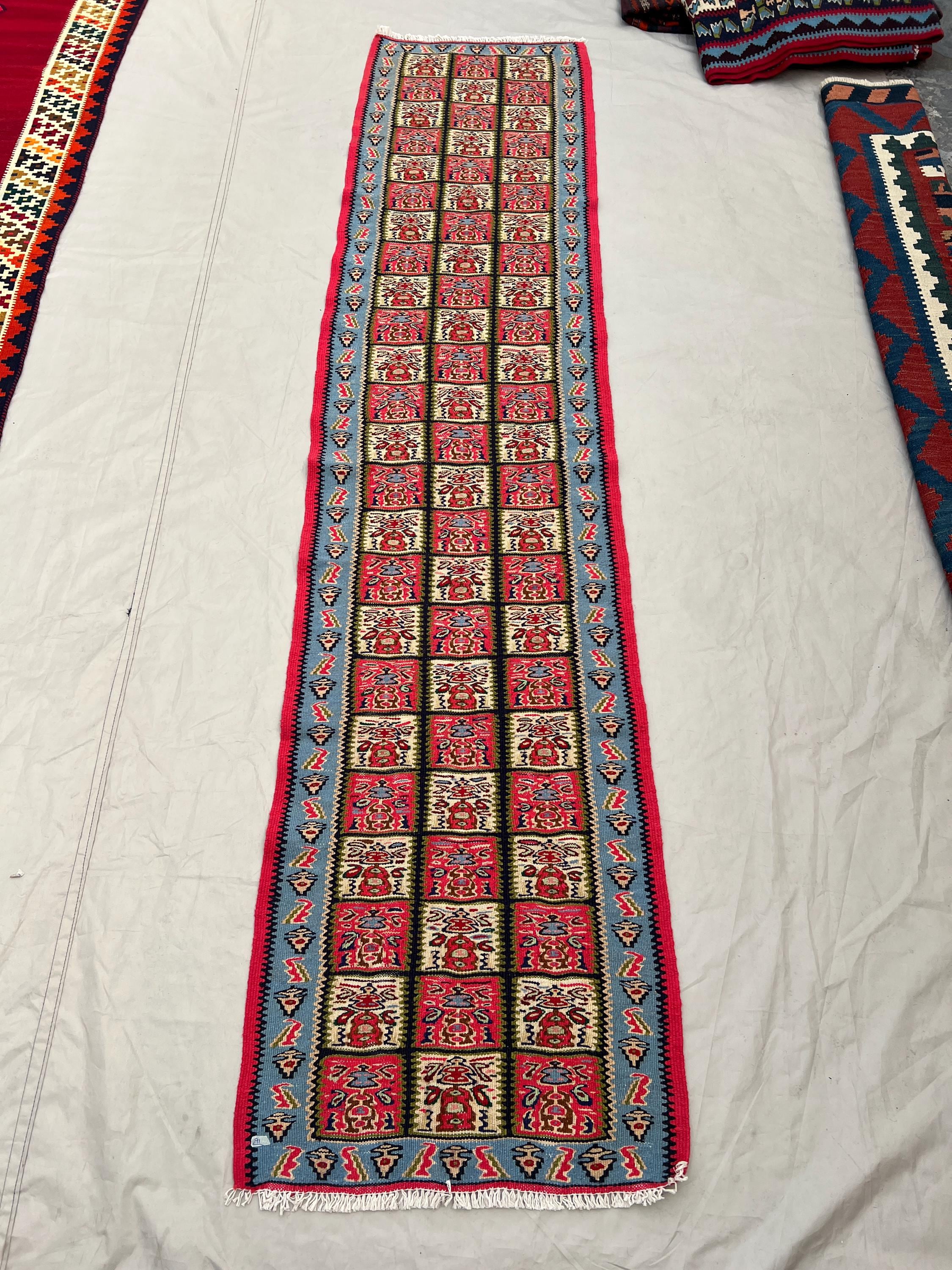 1'10x7'9 Vintage Afghan Kilim Handwoven Wool Flatweave Grid Panel Floral Red Ivory Sky Blue Narrow Runner | Hallway Entryway Kitchen Decor