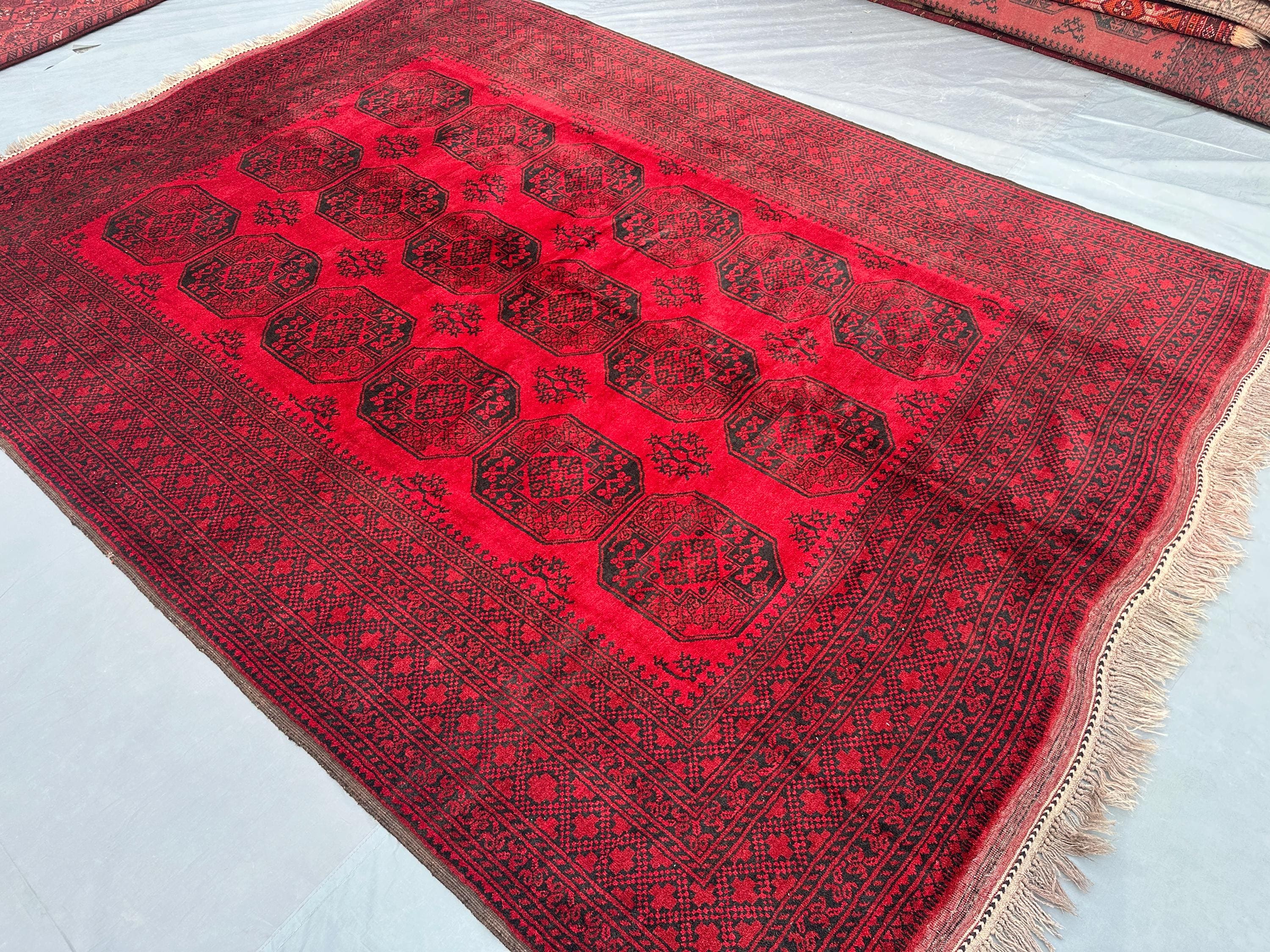 6'8x9'4 ft, Antique Afghan Bokhara Rug | Turkmen Red Geometric Pattern Wool Rug | Handmade Vintage Carpet, Mor