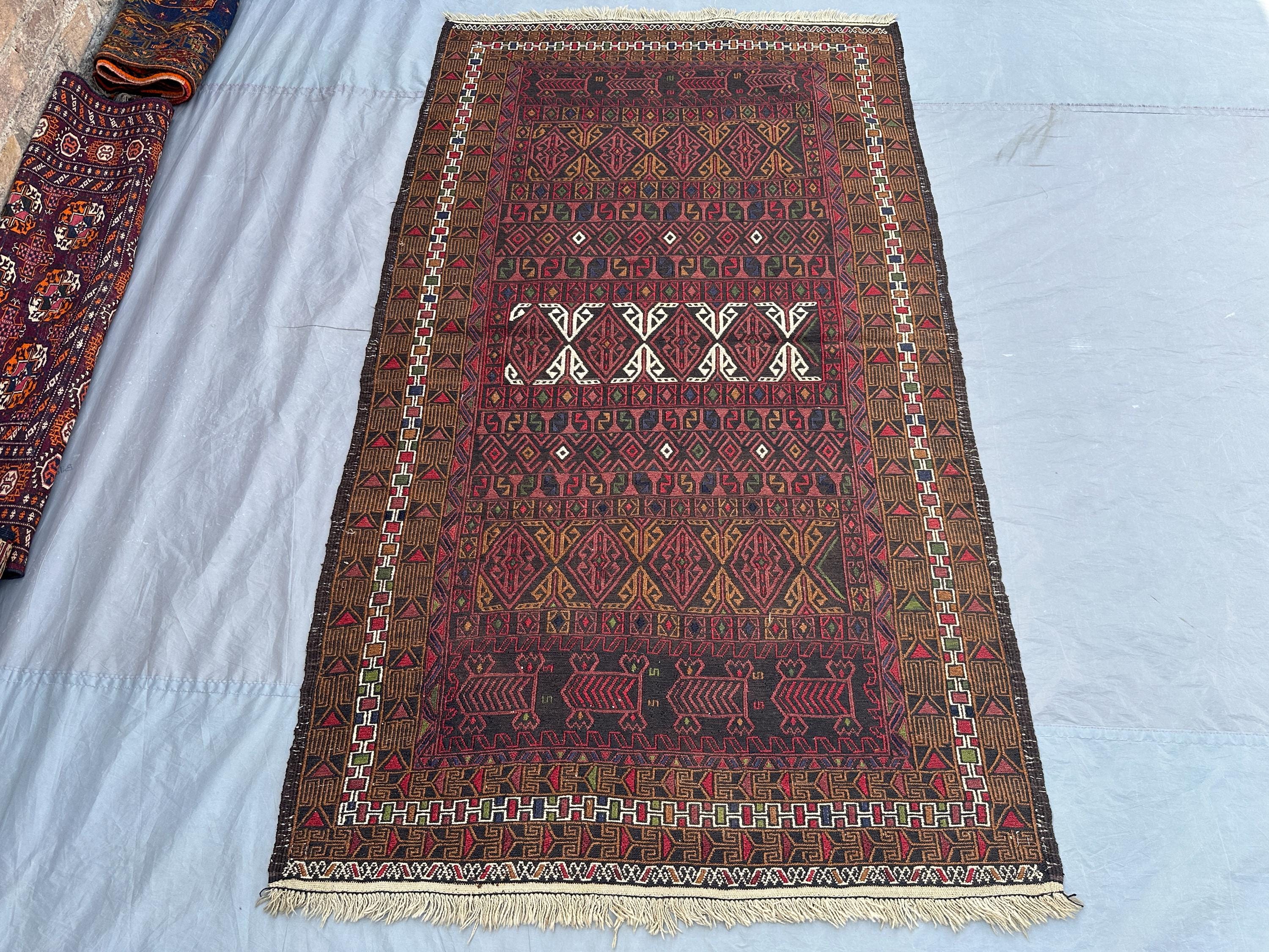 3'10 x 6'8 ft vintage Afghan rug, hand woven tribal kilim rug, geometric design soft flat weave Rug, Handmade No pile Rug, Bedroom rug
