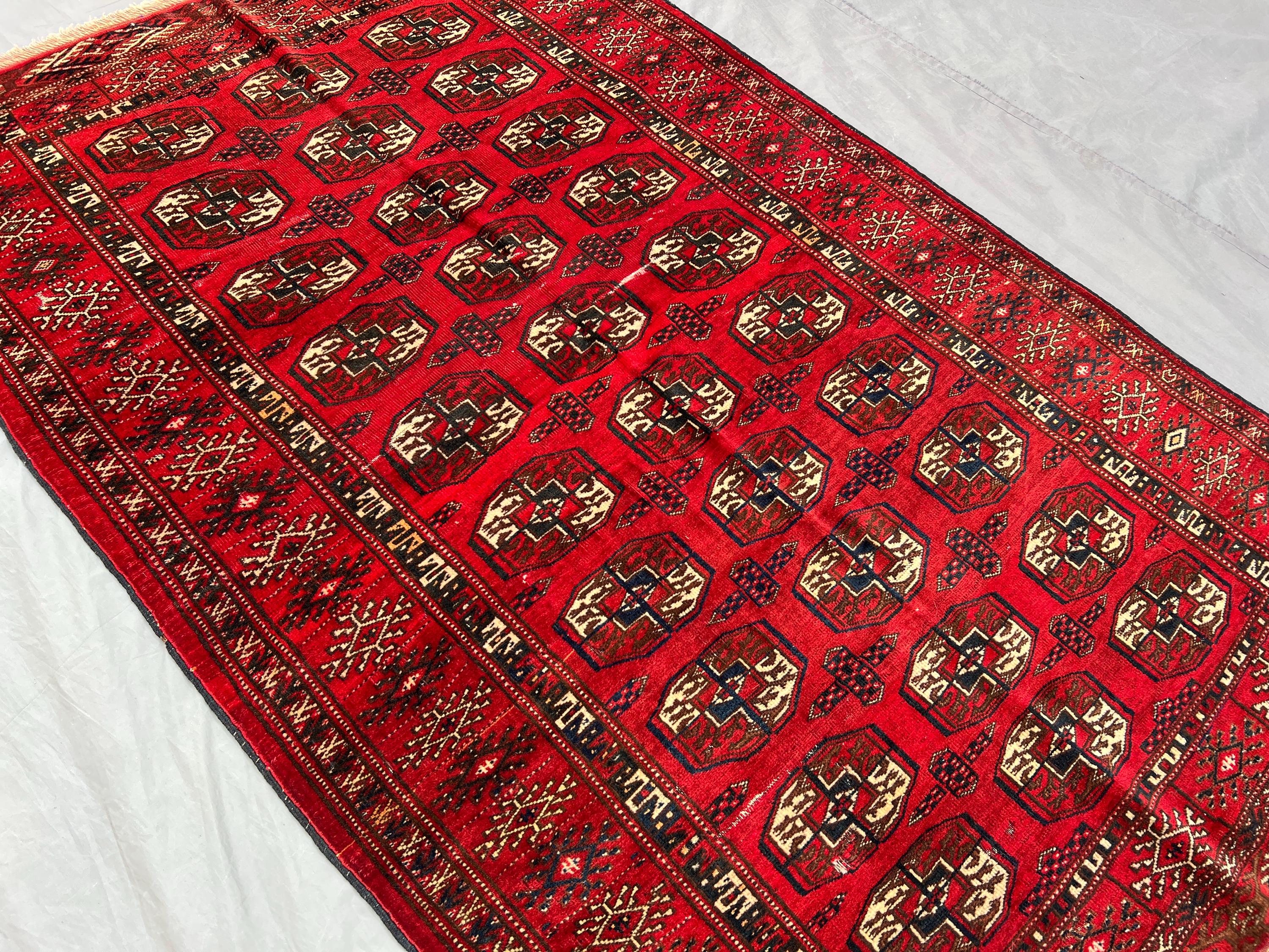 3'3 x 4'1 ft Antique Turkmen Ersari Tekke Rug, Hand-Knotted Wool Tribal Red Carpet, Collectible Vintage Orient
