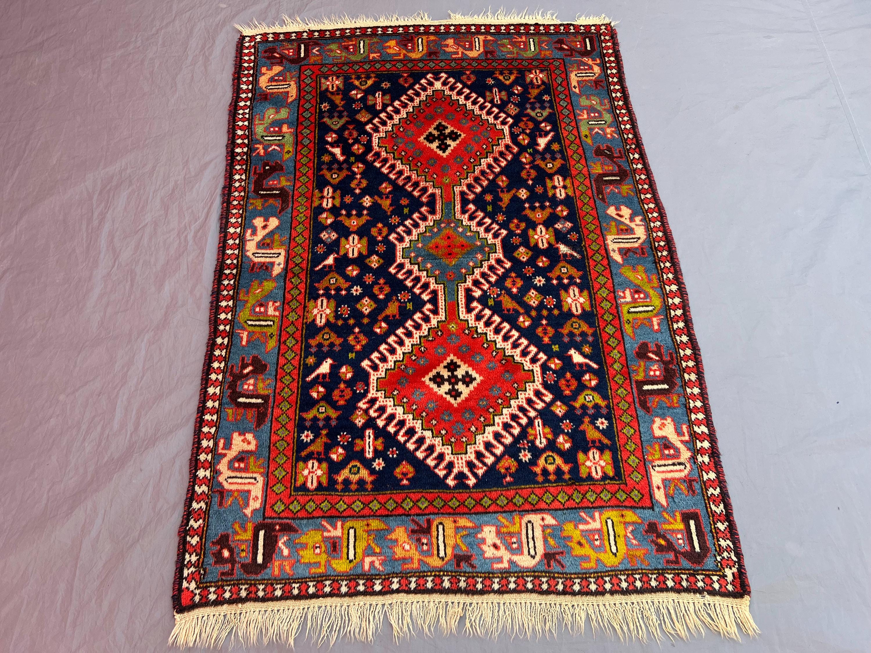 3'5x4'10 ft Vintage Afghan Hand-Knotted Rug, Soft Pile, Tribal Geometric Wool, Red & Blue, Living Room, Bedroo