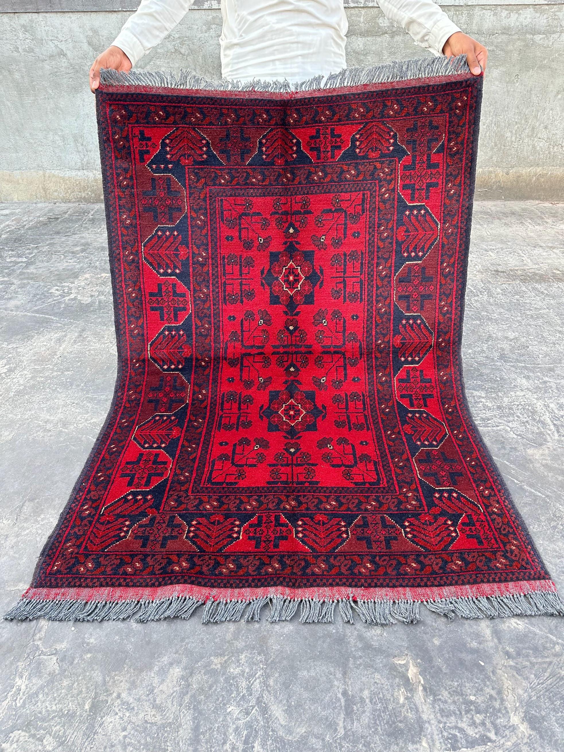 Afghan Hand-Knotted Turkmen Tribal Rug 3'5" x 5'0" | Modern Geometric Pattern | Red Bukhara Wool Carpet | New