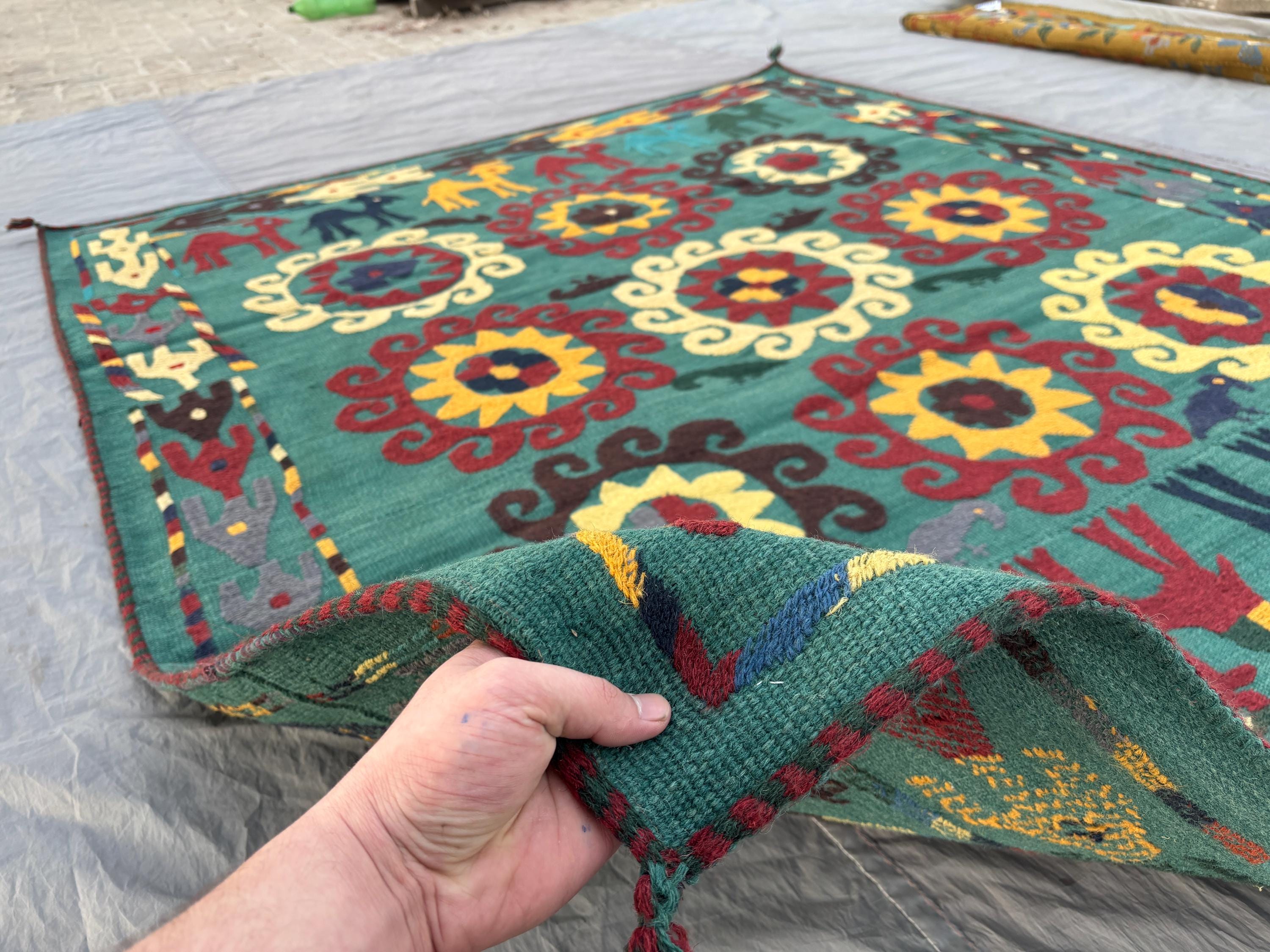 5.10 x 6.11 ft Afghan Hand Woven Vintage Flat Weave Patchwork Unique camel rug One of a Kind Home Boho Decor Rug Suzani Design