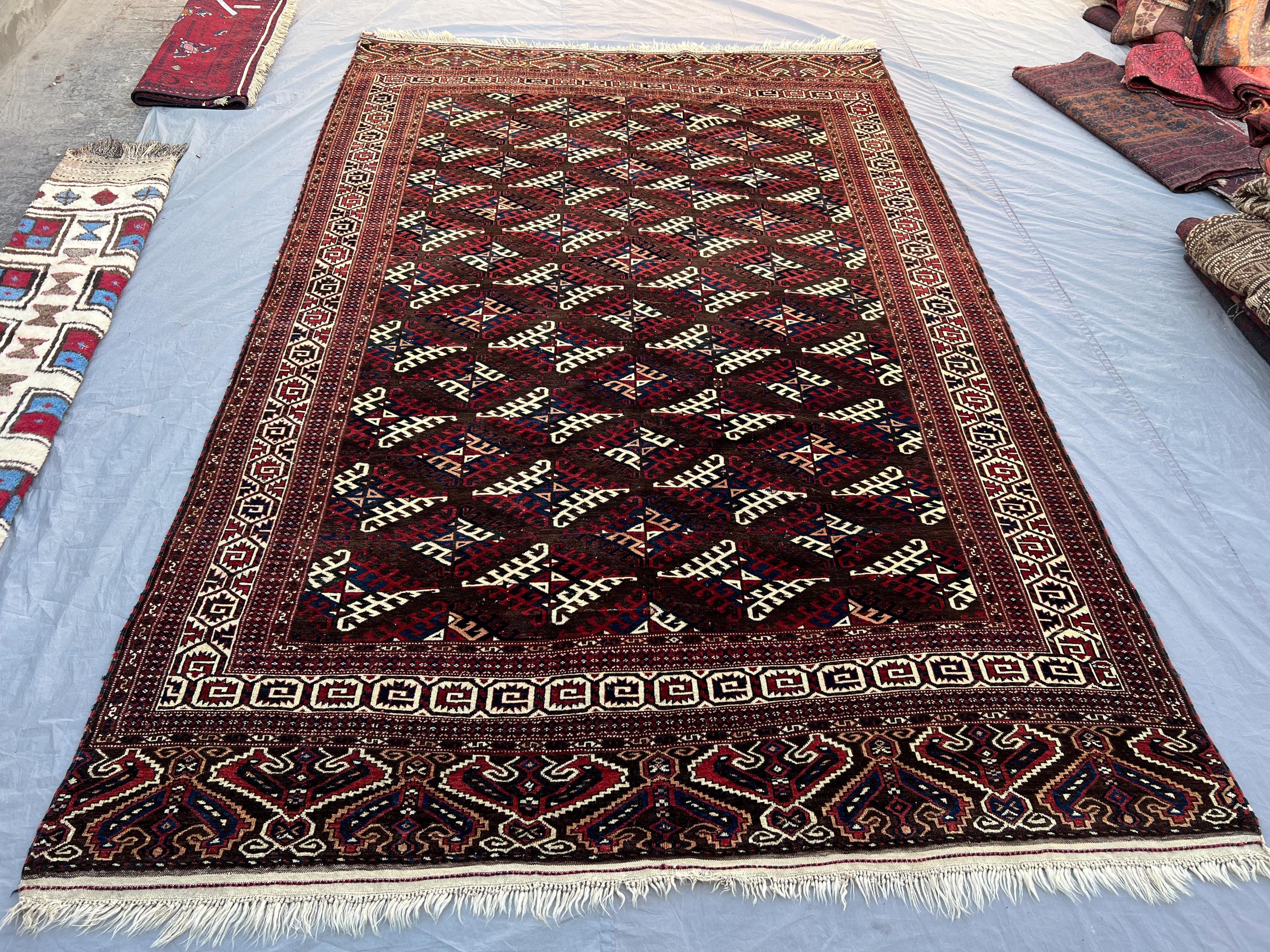 10'10x6'11 ft Antique Traditional Afghan Hand-Knotted Rug – Geometric Diamond Motifs, Rich Tribal Colors, Perfect for Living Room or Hallway