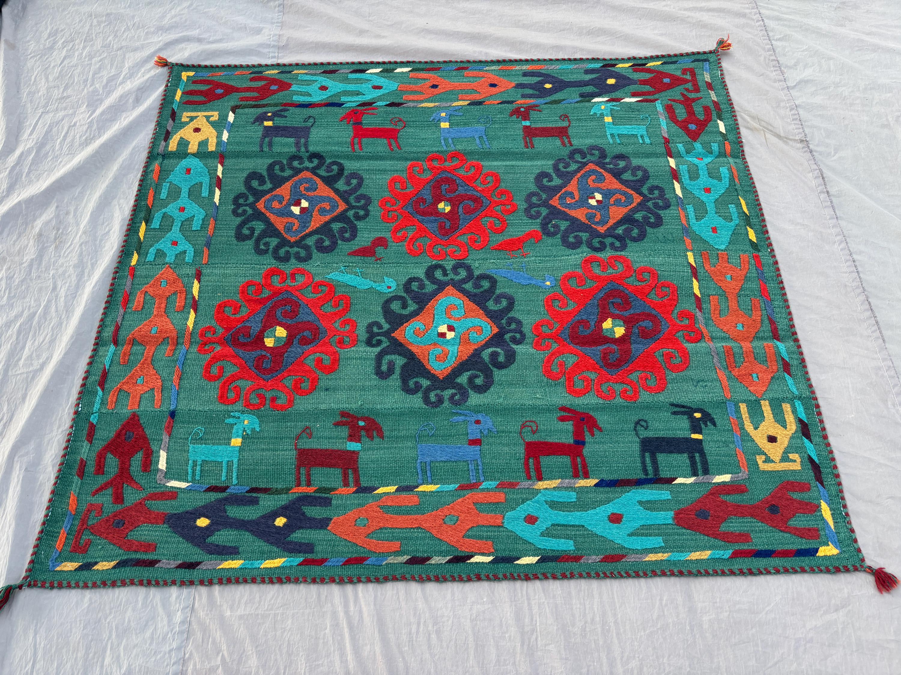 Colorful Vintage Uzbek Rug 5x5 Handwoven Flat Weave Wool Animal Bird Tribal Area Rug Boho Home Decor, Bedroom