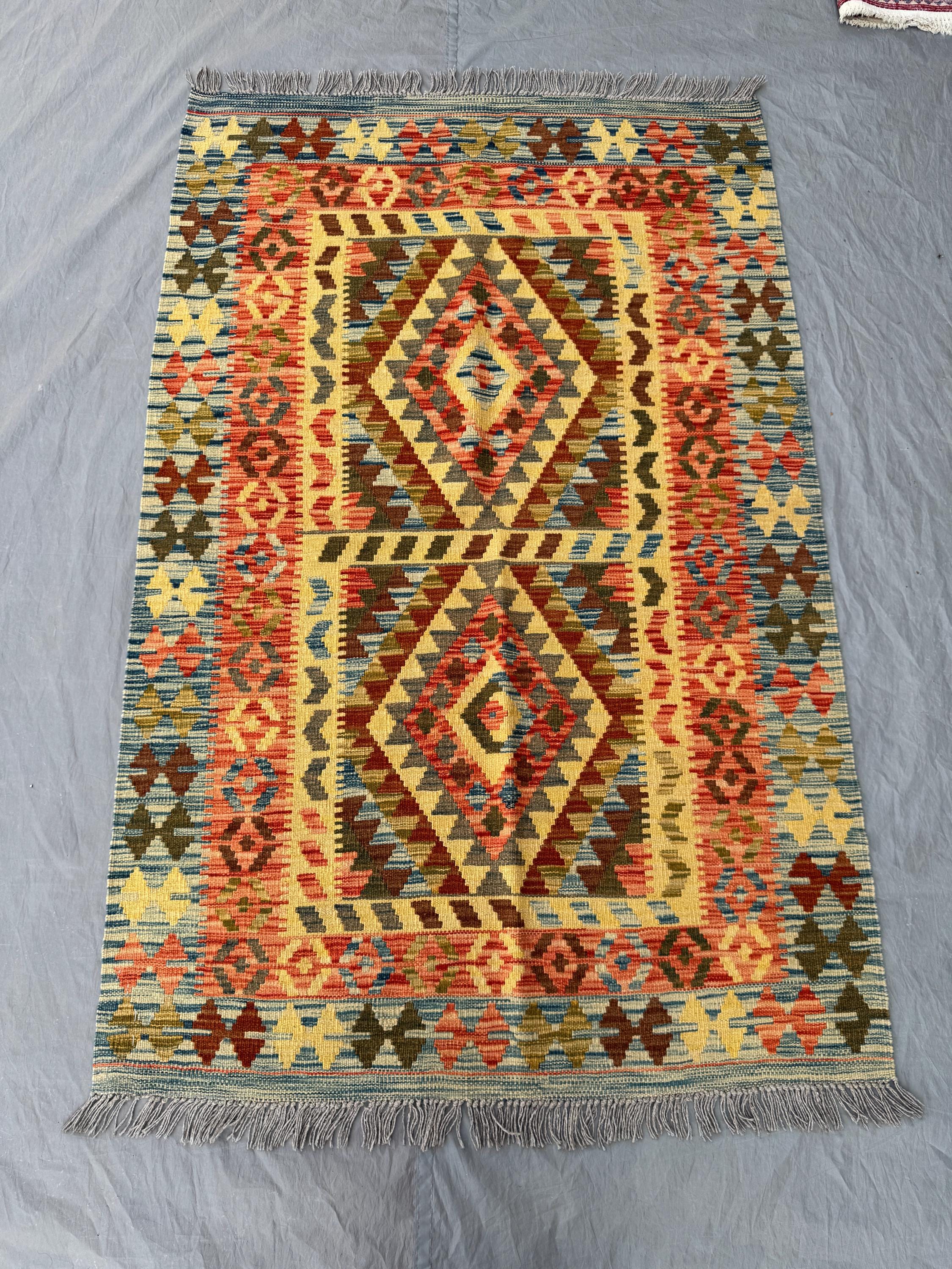 3 x 5 ft Colorful Afghan Kilim Hand Woven Modern Flat-Weave One-of-a-Kind Maimana Design Soft Wool Pile Perfect for Living Room or Bedroom