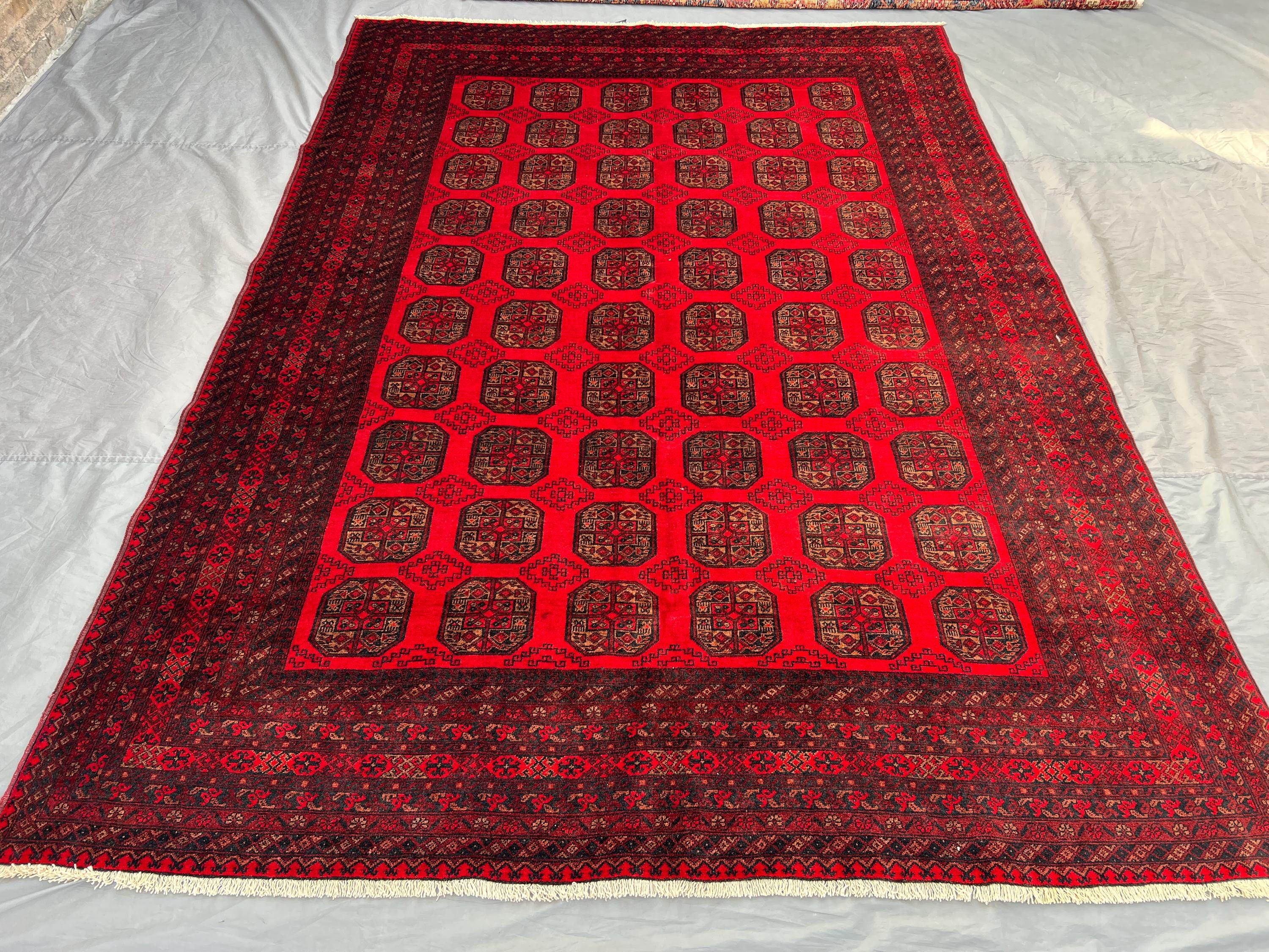 8'1x11'3 Afghan Rug | Antique Hand-Knotted Wool Carpet | Turkmen Tribal Design | Elephant Foot Pattern | Rare Vintage Oriental Rug Floor Rug