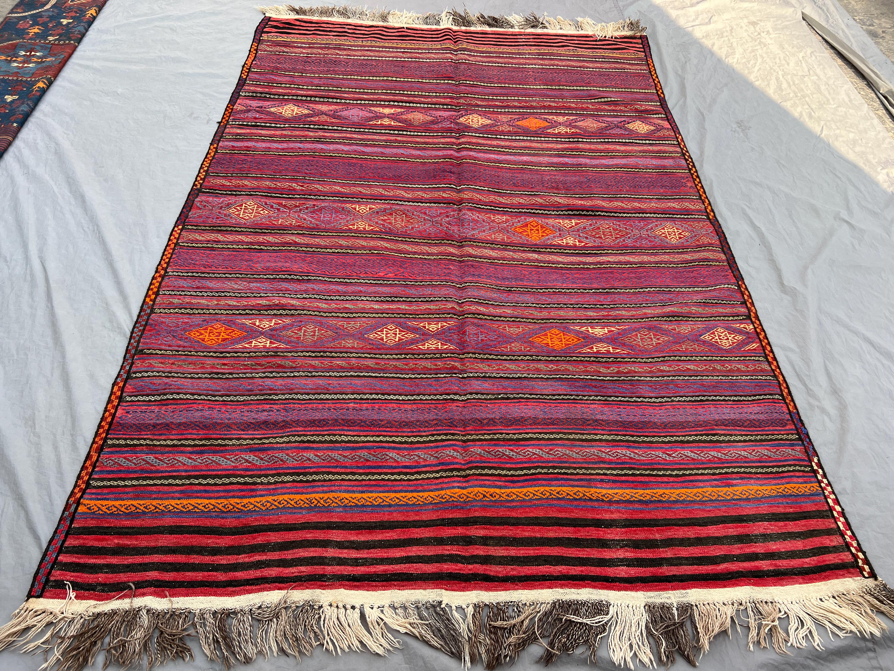 6'6"x9'7" Ft Vintage Afghan Handwoven Kilim Flat Weave Rug, Geometric Design, Tribal Wool, Unique Antique Livi