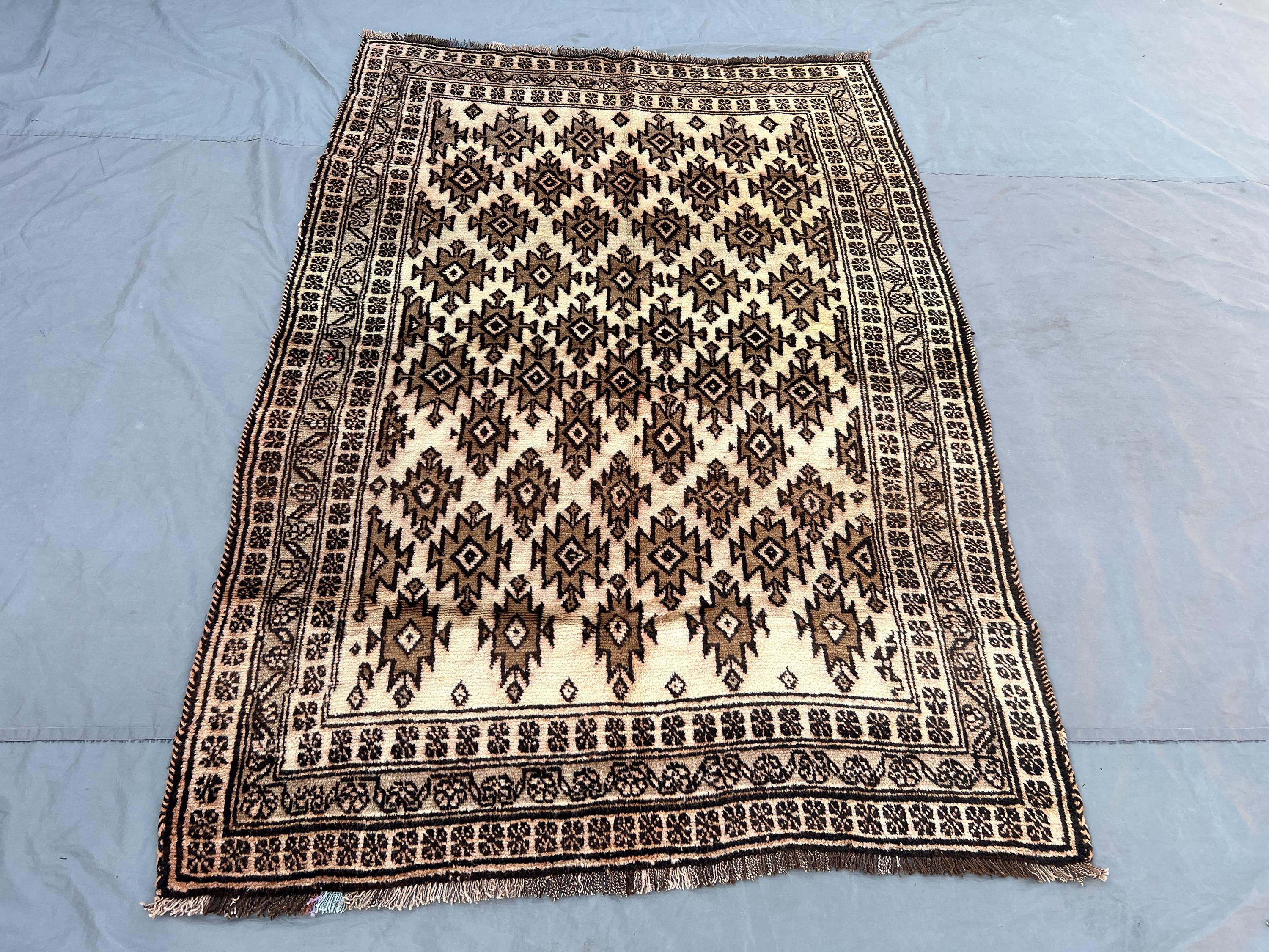 4'7x6'10 ft Antique Afghan Rug, Handwoven Wool Pile, Geometric Diamond Design, Brown and Ivory, Handknotted, Ideal for Living Room, Bedroom