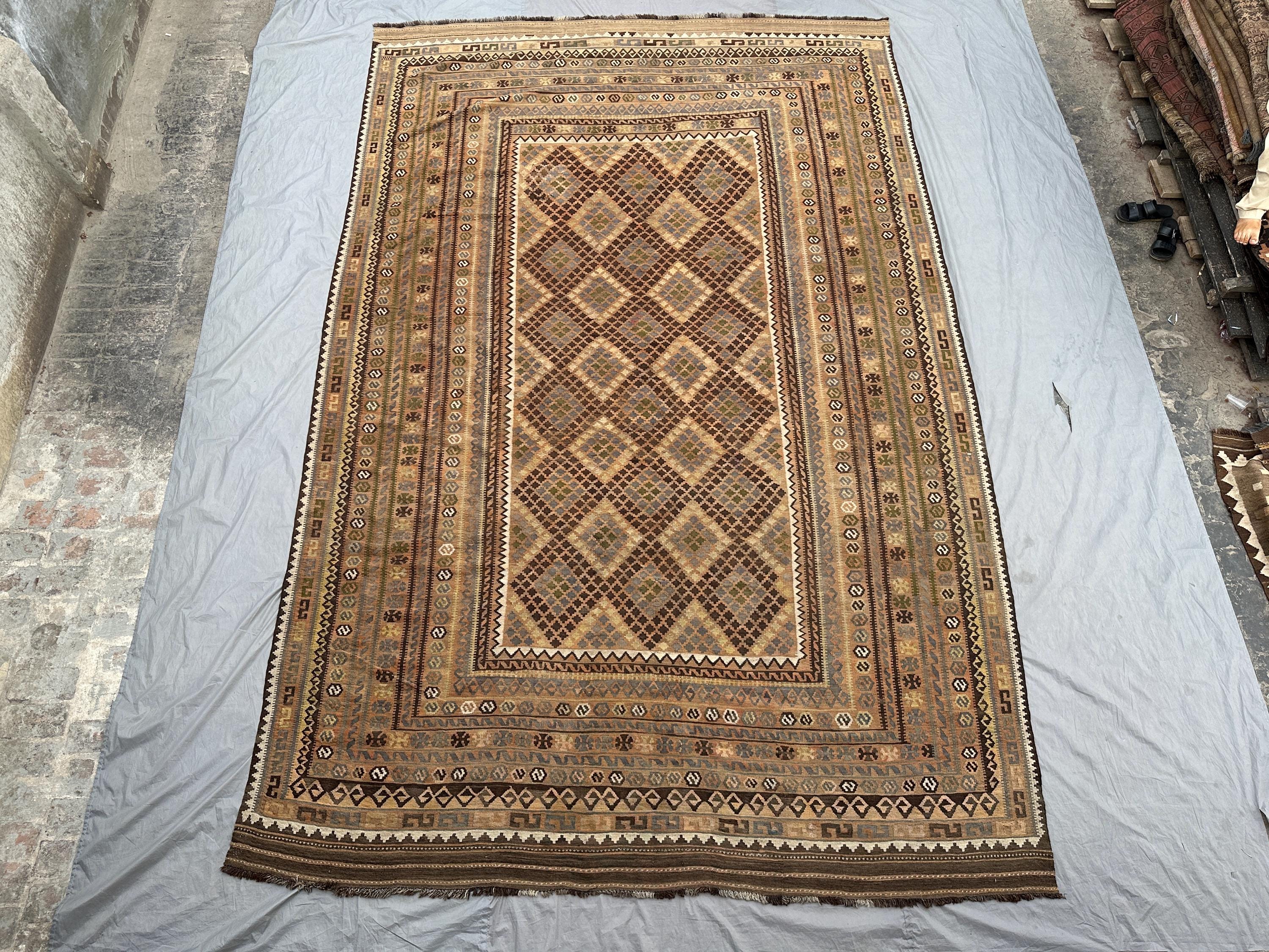 9'5x15'4 Antique Handmade Kilim Rug, Rare Oversized Flatweave Rug, Old Faded Terracotta, Brown, Olive, Beige Blue Tribal Rug, oriental Decor
