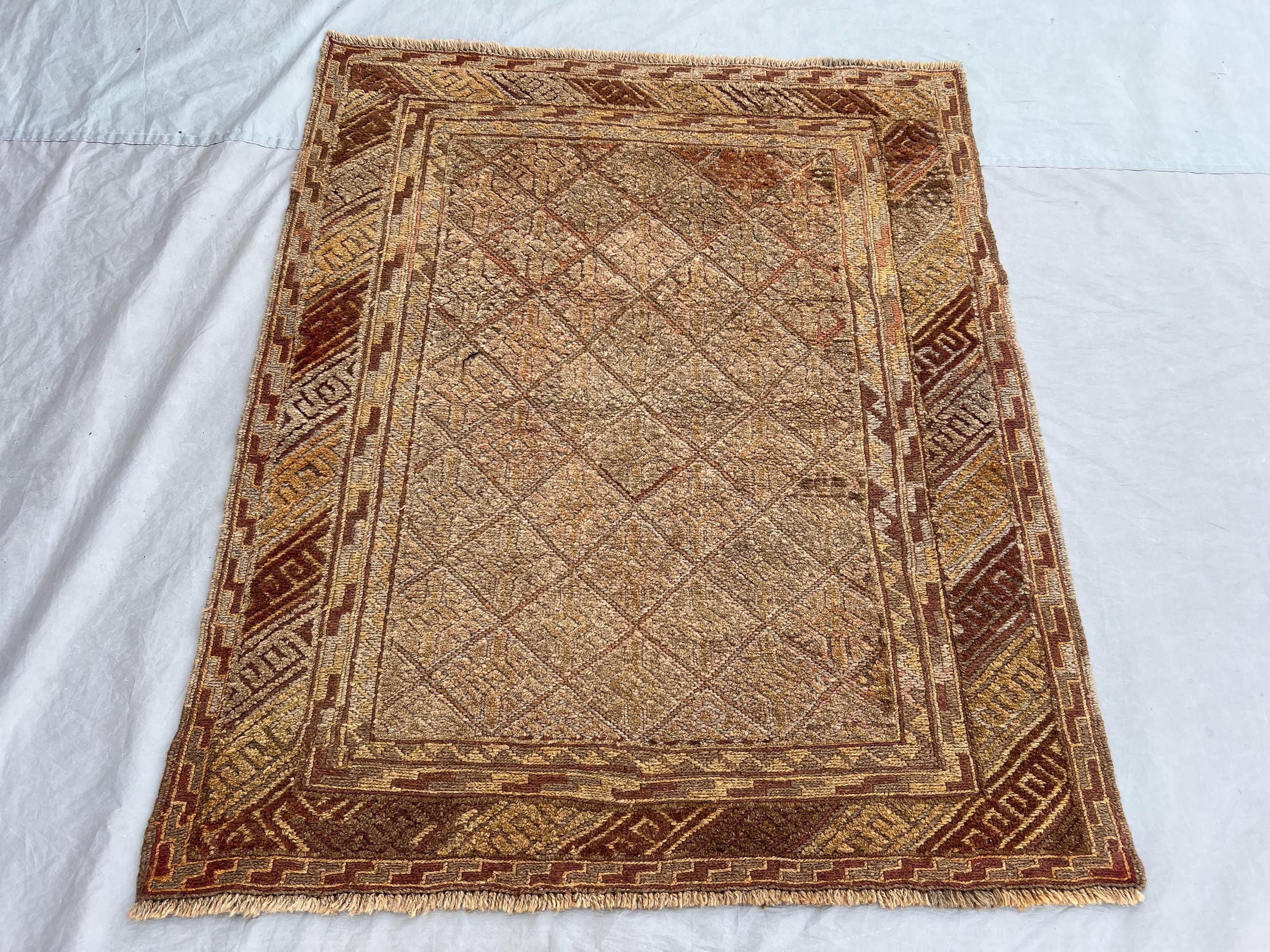 4x4'8 ft Vintage Afghan Baluchi Hand-Knotted Rug, Tribal Geometric, Soft Pile,Moss Green Accent, Boho Accent R