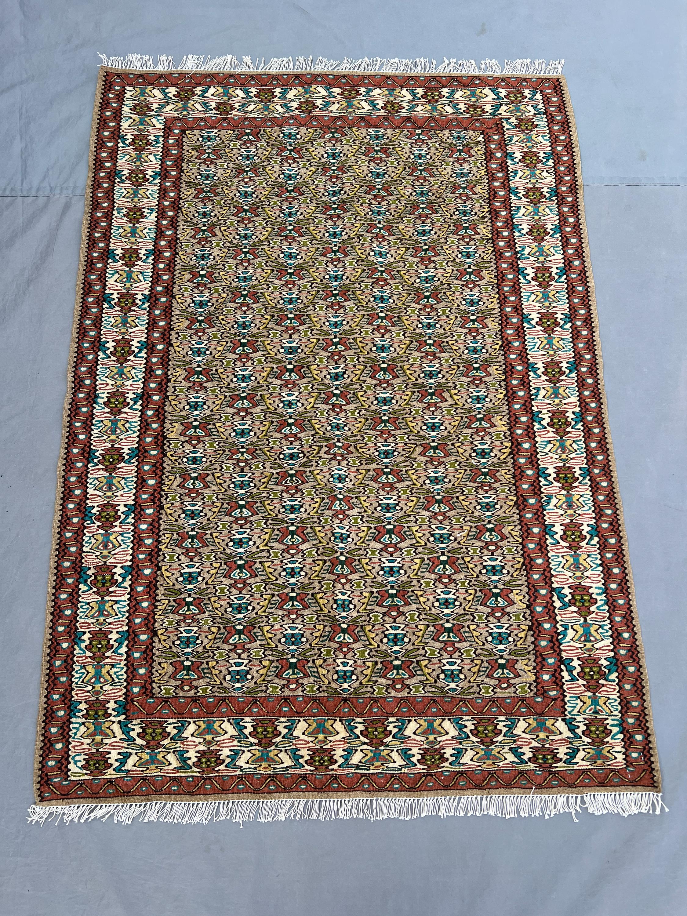 3'5x4'9 Vintage Afghan Kilim Handwoven Wool Flatweave All-Over Hourglass Vase Motif Warm Camel Teal Red Olive Accent Rug Living Room Bedroom