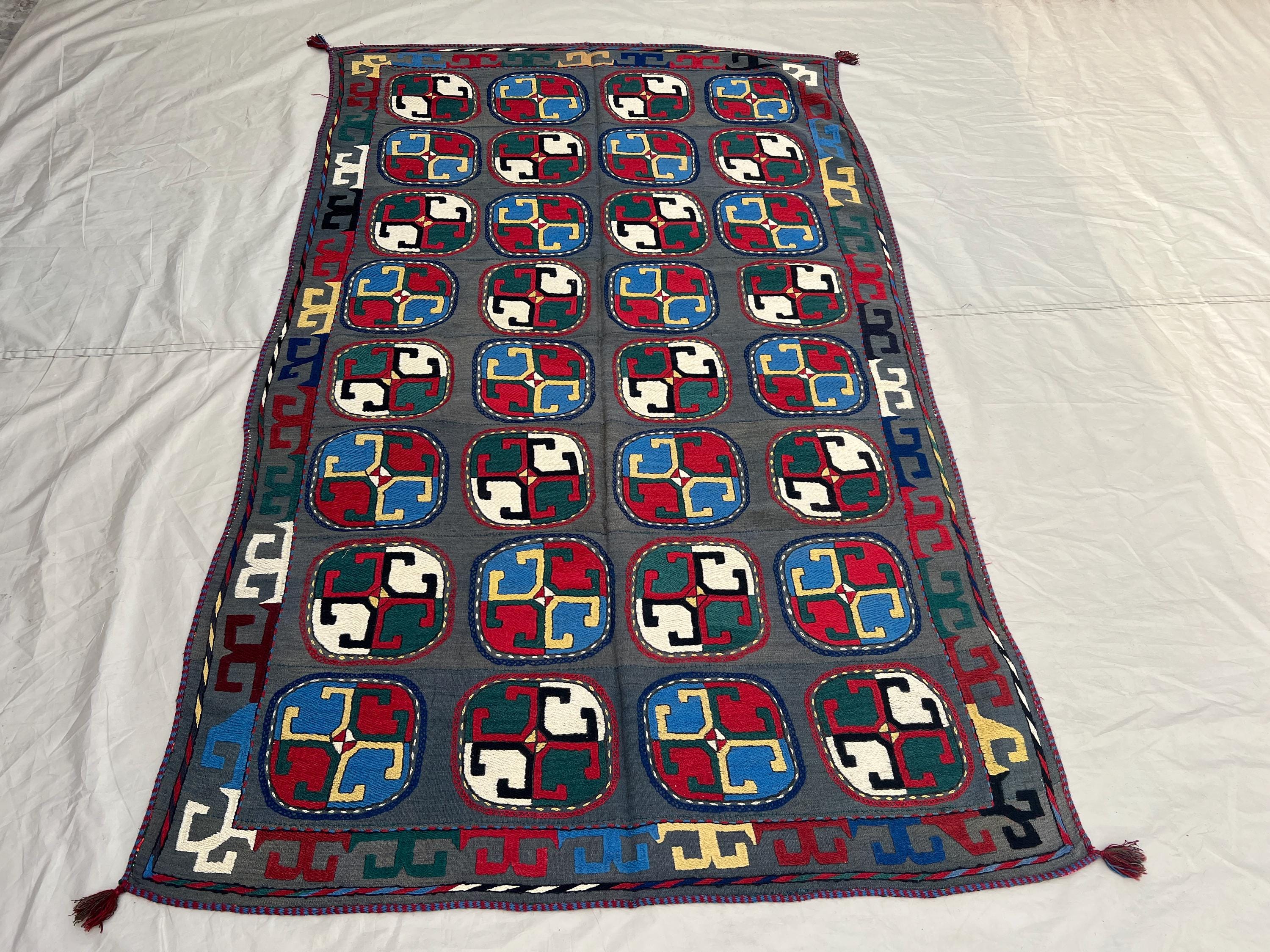 4'6x7'1 Ft Vintage Afghan Kilim Rug Gray Tribal Geometric Hook Medallion Flatweave Handwoven Wool Area Rug | Living Room Bedroom Wall Decor