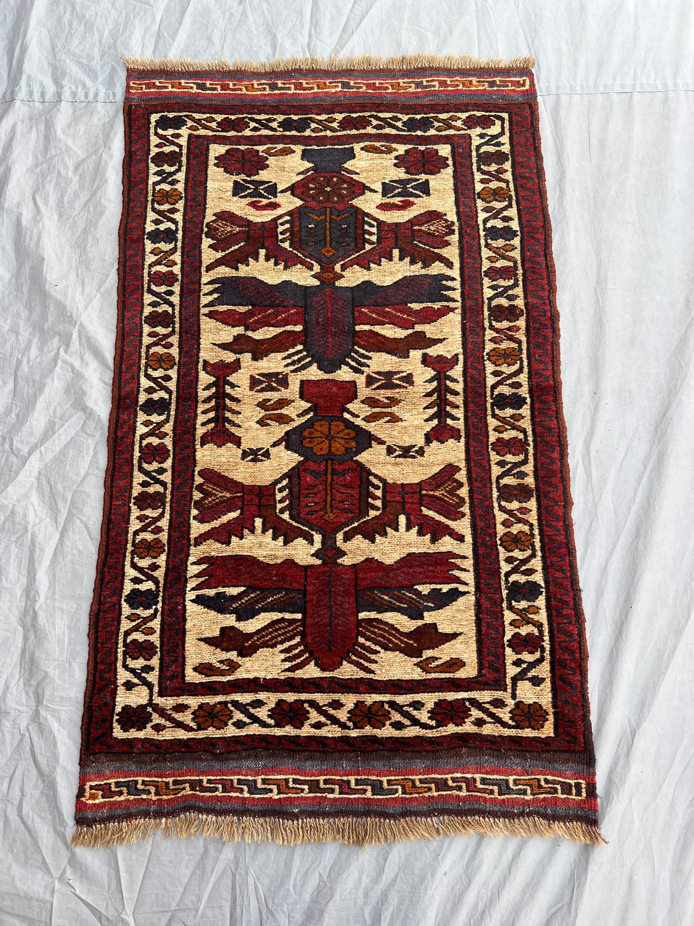 2'7x4'3 Ft Antique Afghan Baluchi Wool Pile Rug Handwoven Geometric Bird Tree Motif Ivory Deep Red Navy Accent Rug | Bedroom Entryway
