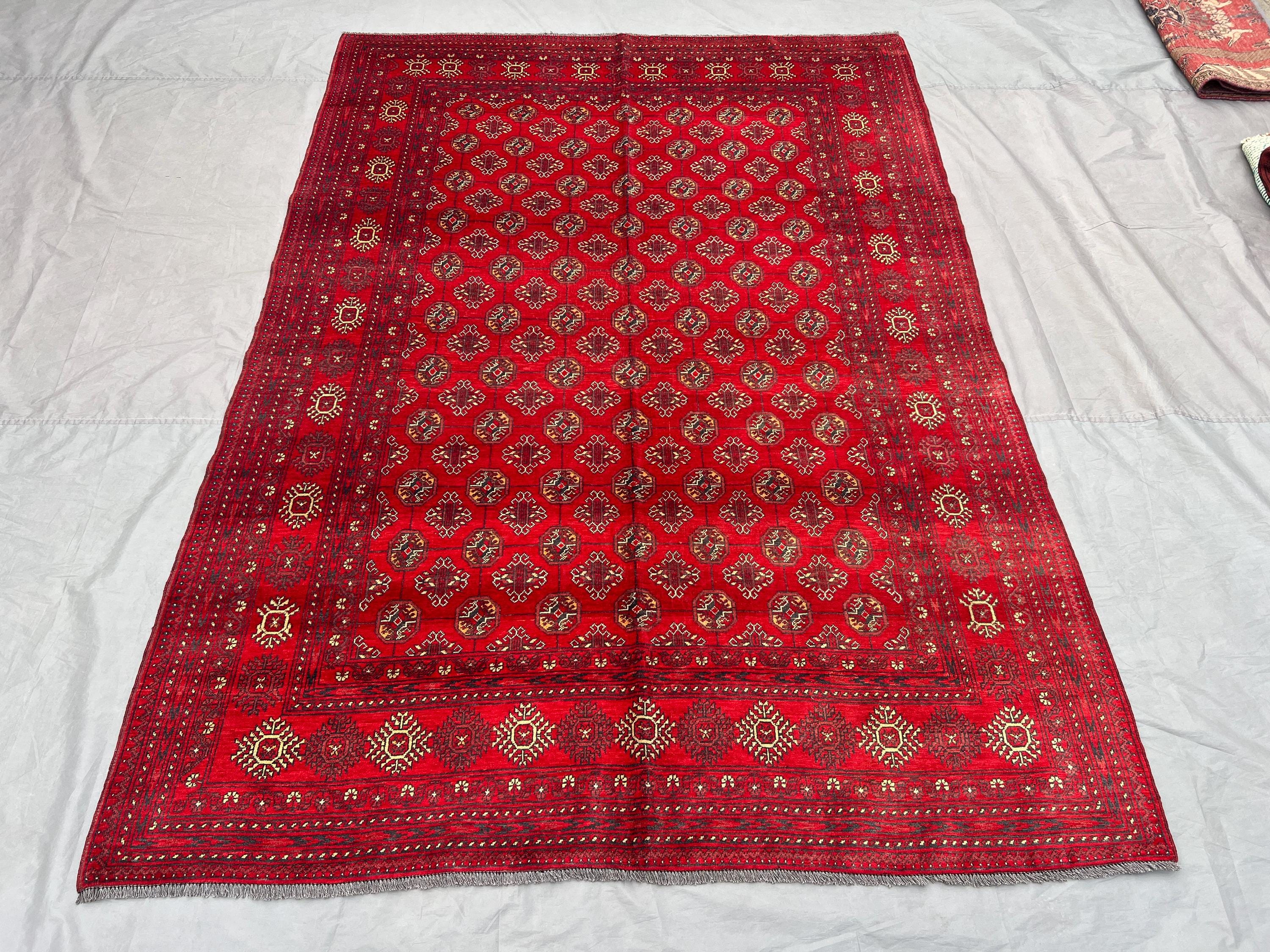 200x280 cm Afghan Turkoman Hand Knotted Tribal Rug | Geometric Pattern | Vintage Red Bukhara Area Carpet | Wool Oriental Rug for Living Room