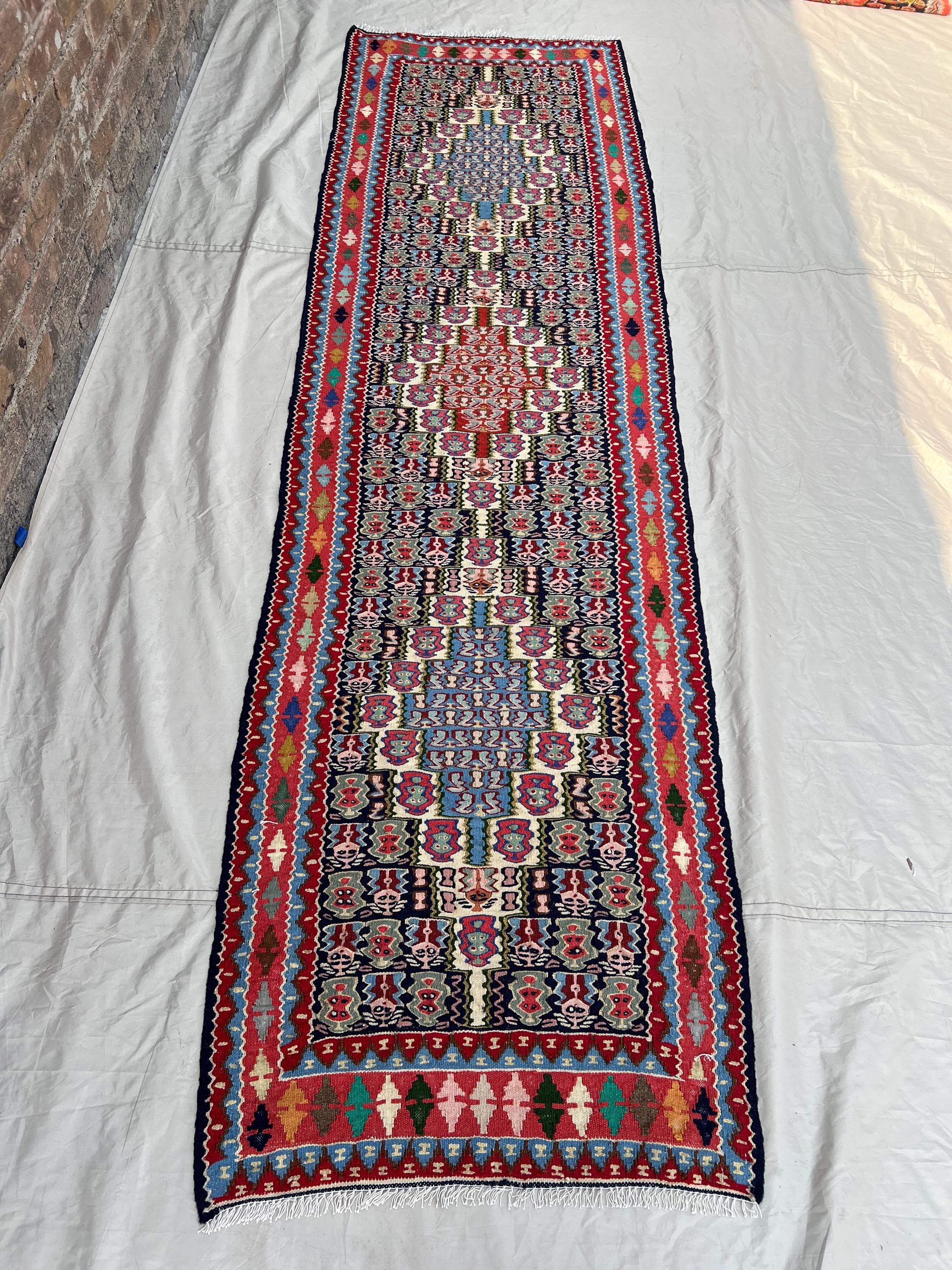 Vintage Afghan Baluchi Kilim, 2'7x9'1 ft, Handwoven Flatweave, Tribal Wool Design, Colorful Geometric Patterns