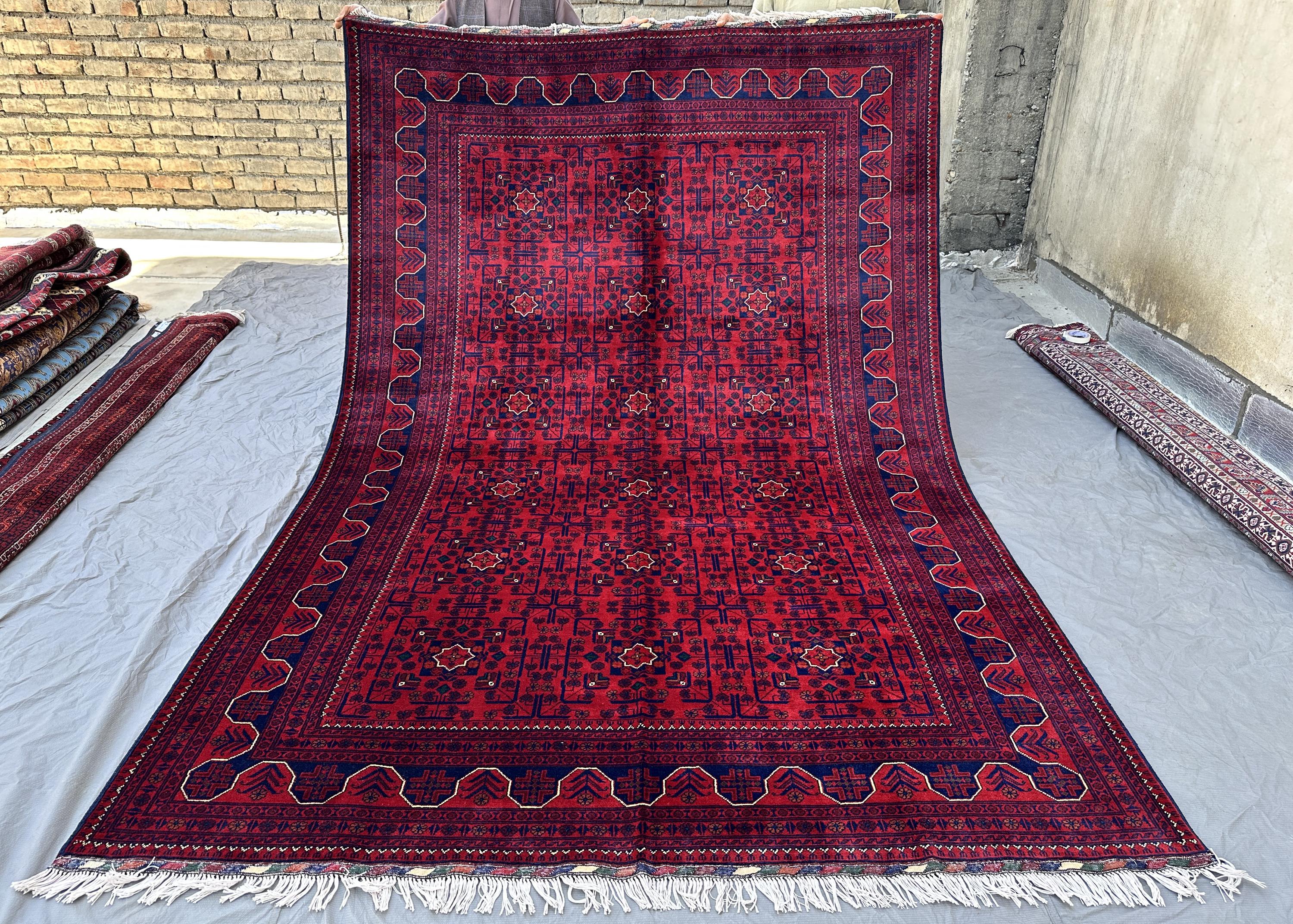 7x10,Red Afghan Khal Mohammadi Rug Hand-Knotted Wool Carpet, Star Medallion Tribal Design, Vintage Living Room