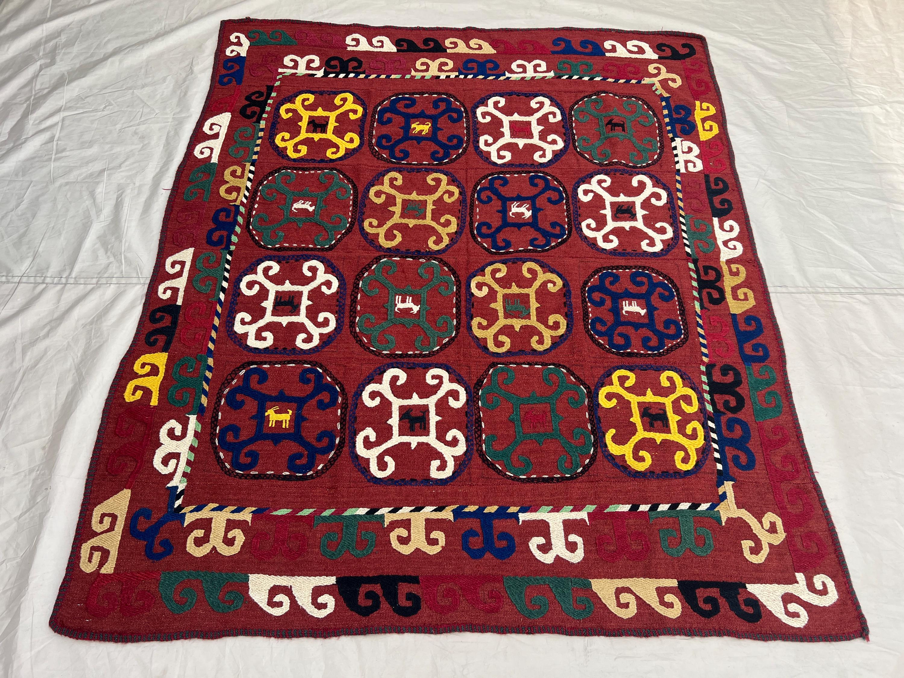 4'11x5'10 Ft Vintage Afghan Kilim Rug Burgundy Tribal Scroll Medallion Animal Motif Flatweave Handwoven Wool Area Rug | Living Room Bedroom