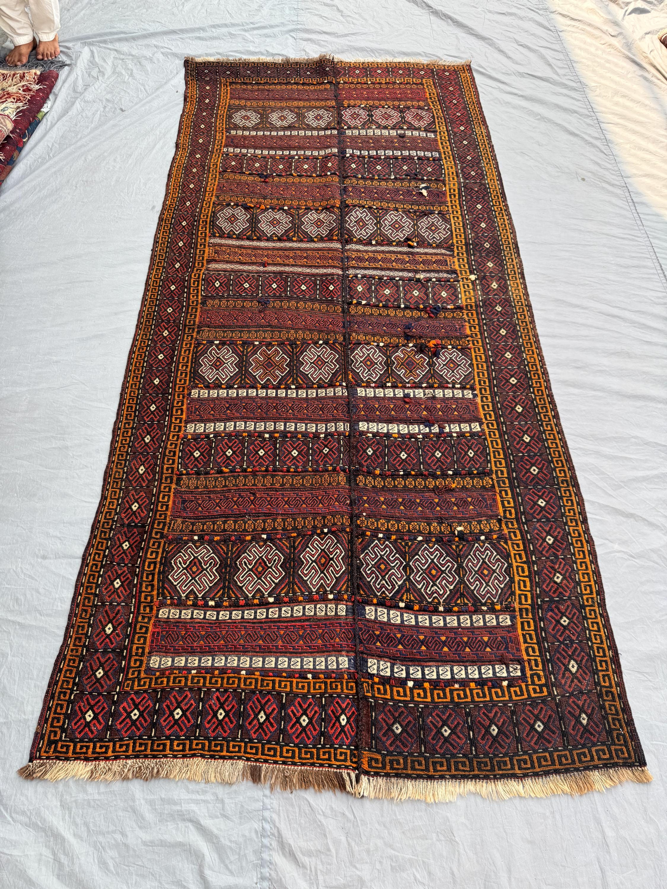 5 x 11 ft Deep Red Afghan Vintage Kilim Handwoven Sumak Tribal Flat Weave Large Boho Living Room Area Rug | Entryway & Living room decor
