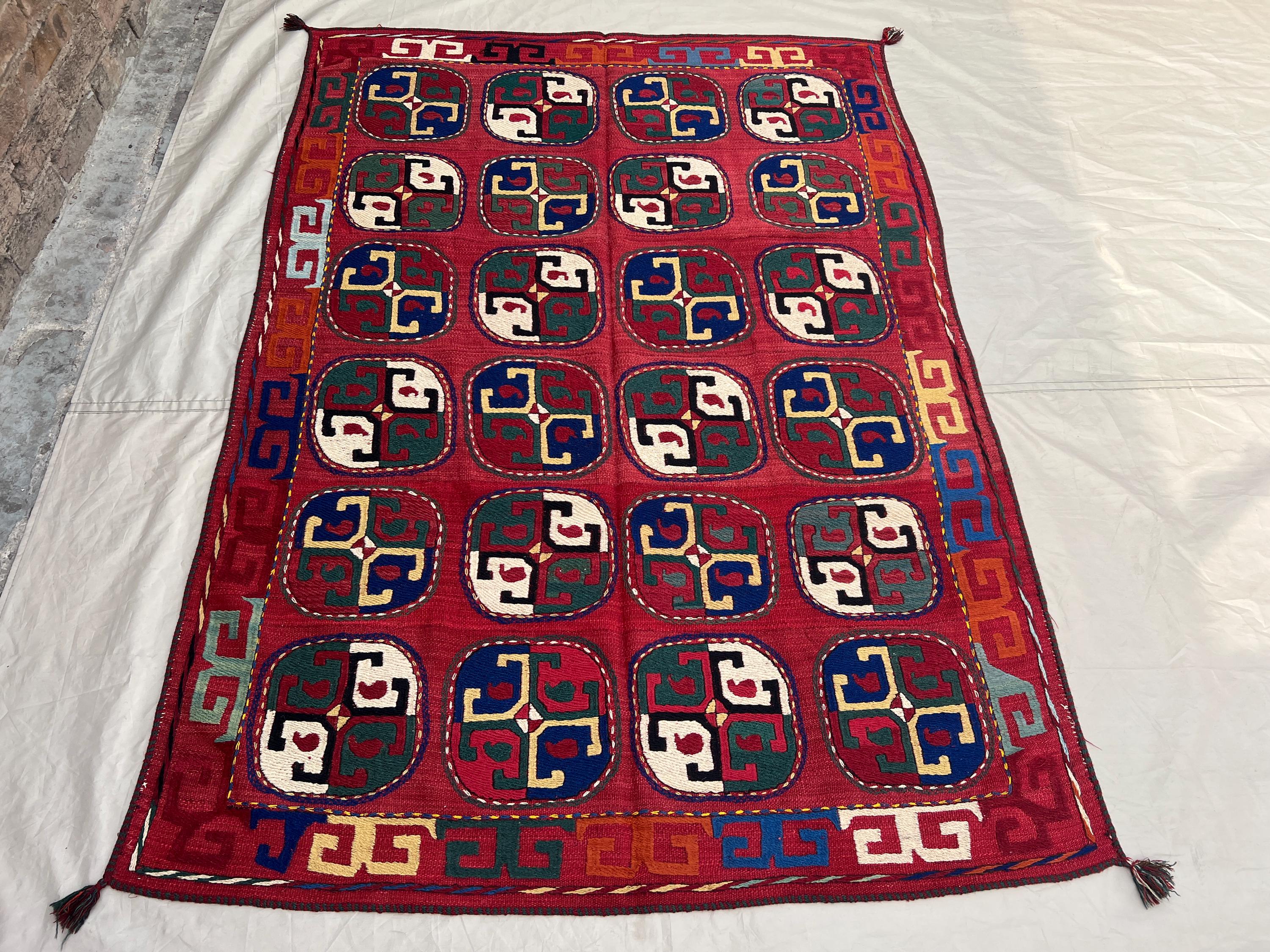 4'6x6'2 Ft Vintage Afghan Kilim Rug Red Geometric Tribal Flatweave Handwoven Wool Area Rug | Living Room Bedroom Boho Decor