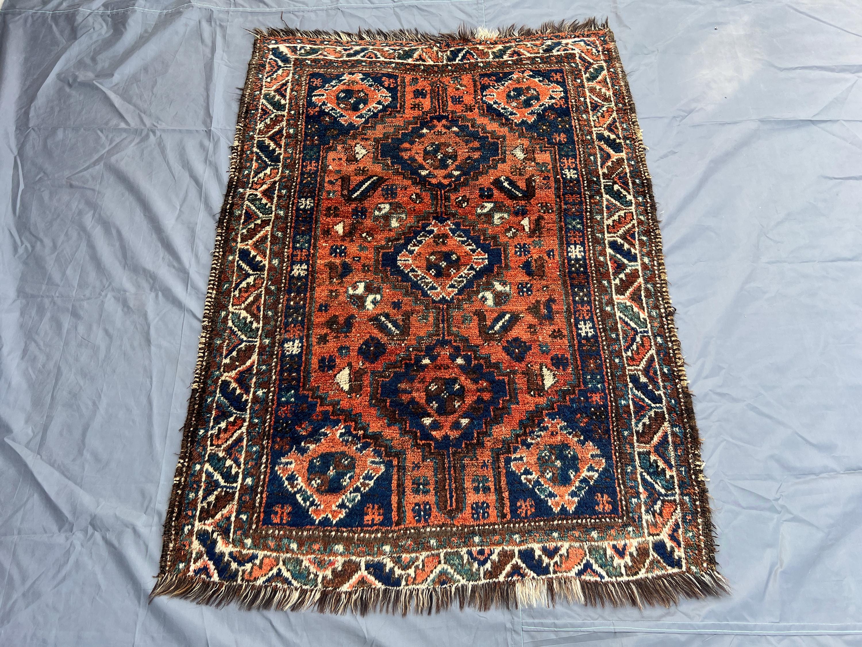 Antique Caucasian Rug 3.7x4.10 ft | Turkish Inspired Tribal Wool Rug | Hand Knotted Vintage Accent | Red Blue 