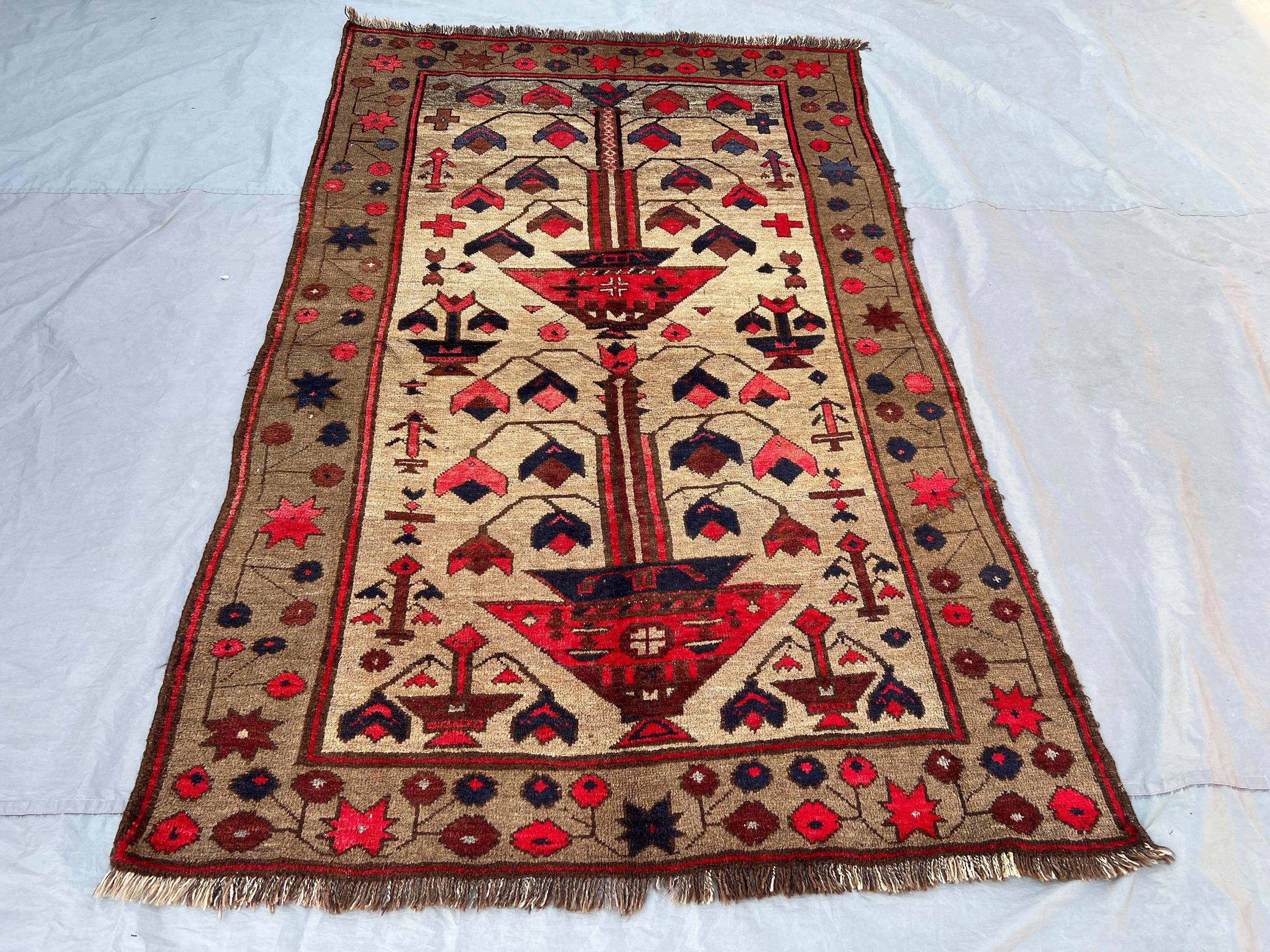 4'9x7'6 Vintage Afghan Hand Knotted Wool Rug Ivory Olive Tree of Life Vase Tribal Folk Motif Red Navy Boho Living Room Bedroom Carpet