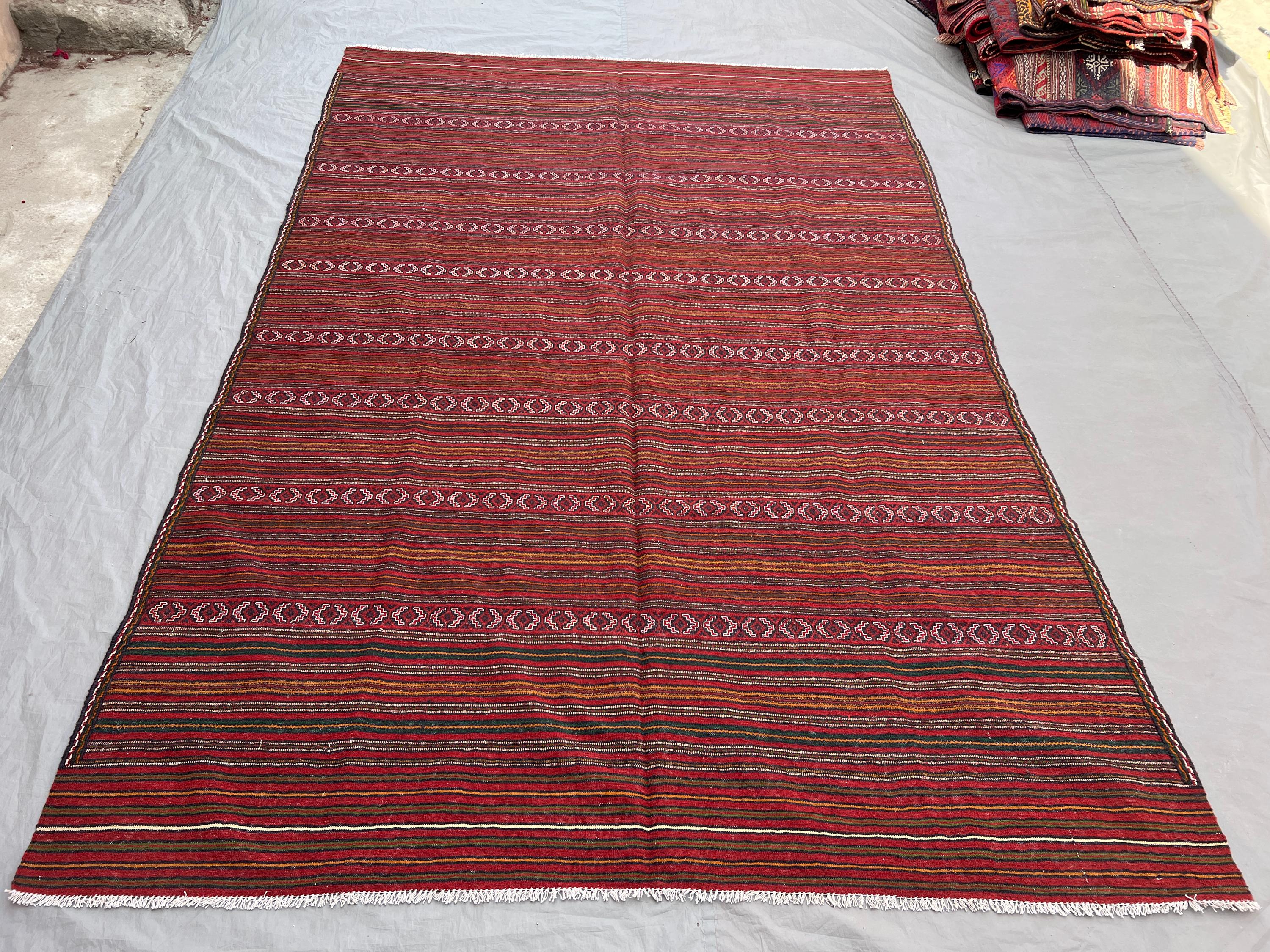 6'4x9'8 ft Vintage Afghan Hand-Knotted Kilim – Striped Design with Geometric Borders, Handmade, Boho Home Decor, Cozy Living Room