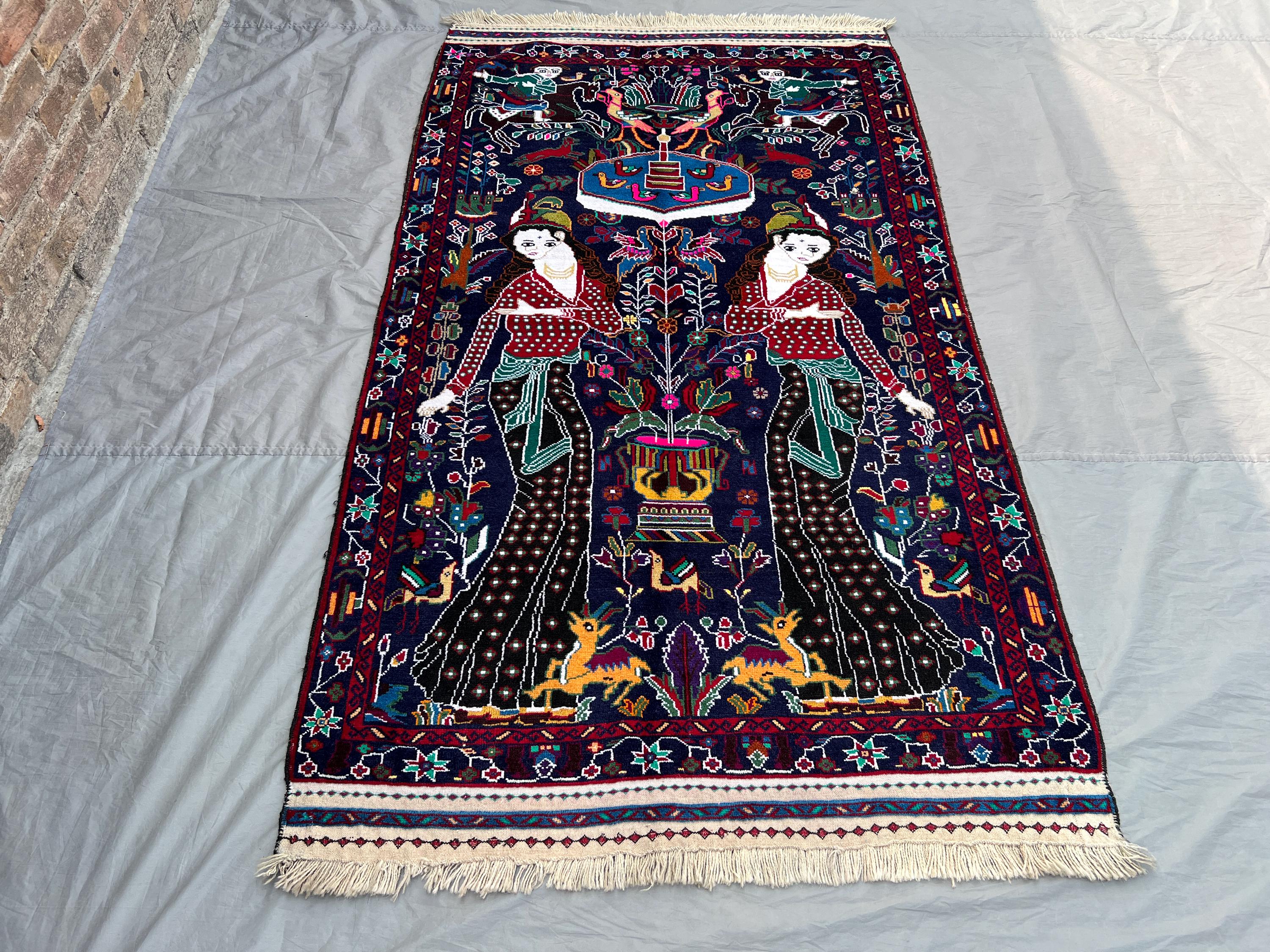 4.1 x 7.3 ft Afghan Hand Knotted Vintage Pictorial Rug | Women, Birds, Deer Motif | Red, Blue, Yellow, White, 