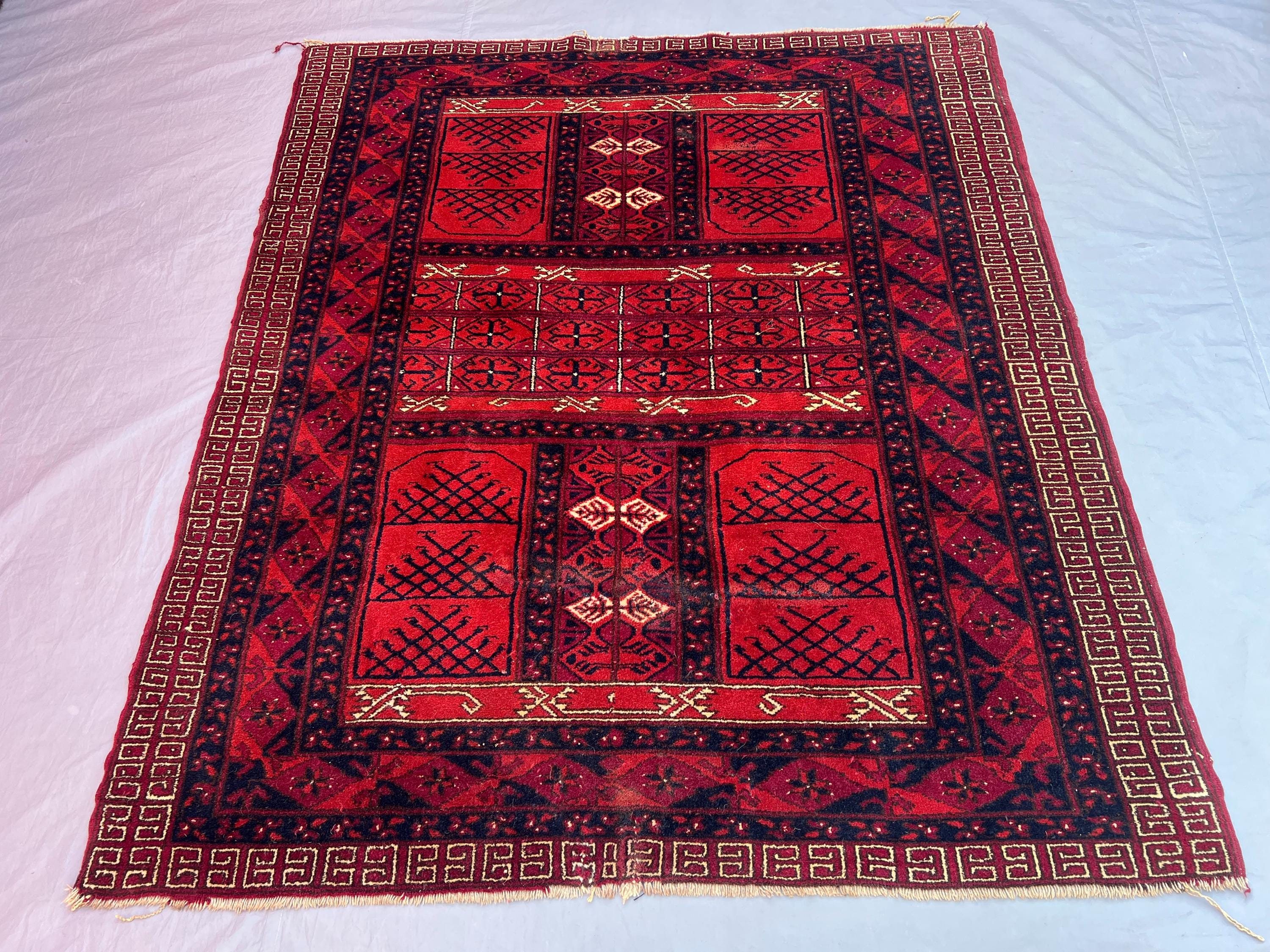 5x5'9 ft Antique Afghan Hand-Knotted Rug, Soft Pile, Bukhara Design, Tribal Wool Geometric, Living Room, Bedro