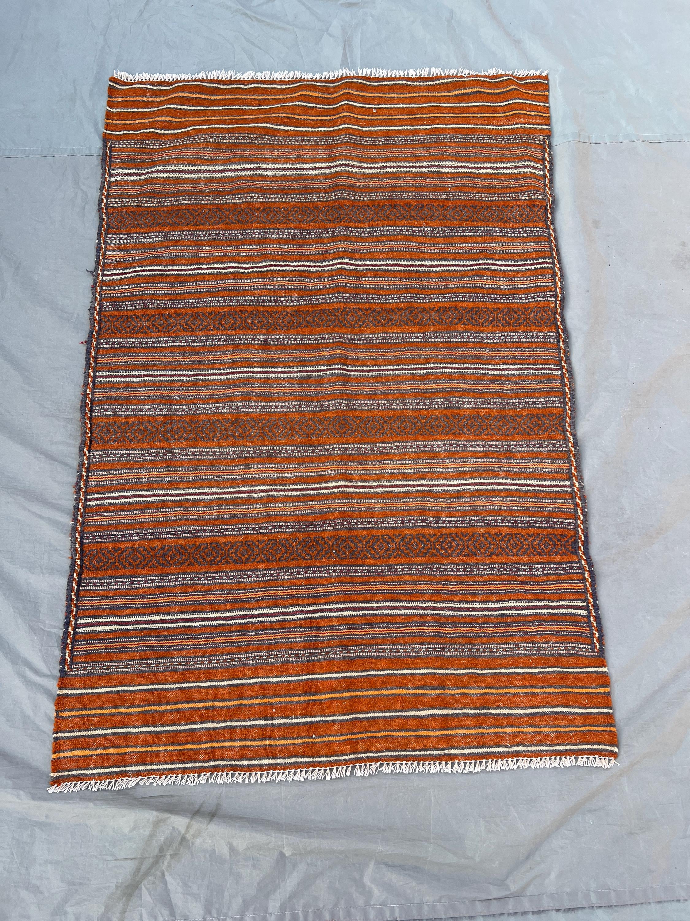 3'2x4'7 Vintage Afghan Wool Kilim Flat Weave Rug Rich Burnt Orange Navy Ivory Horizontal Stripe Tribal Band Pattern | Kitchen Hallway Rug