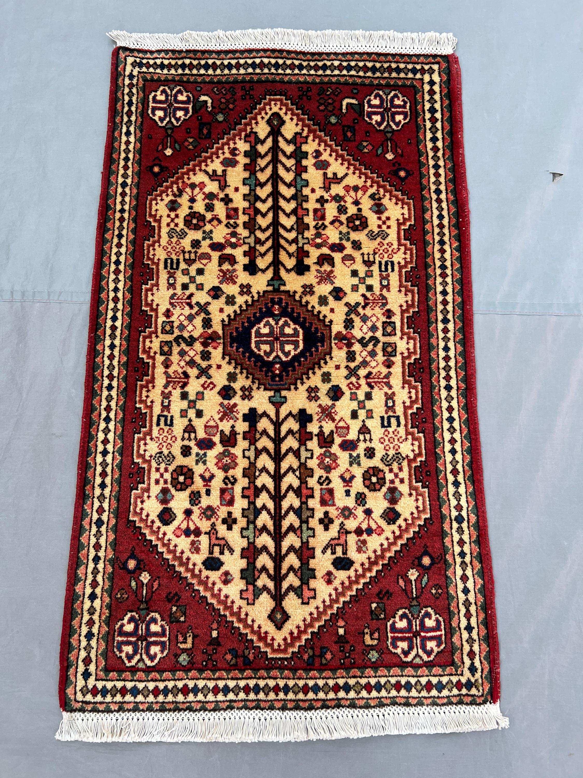 1'11x3'6 Ft Vintage Afghan Pile Rug Ivory Tree of Life Medallion Hand Knotted Wool Area Rug | Entryway Bedside Boho Traditional Home Decor
